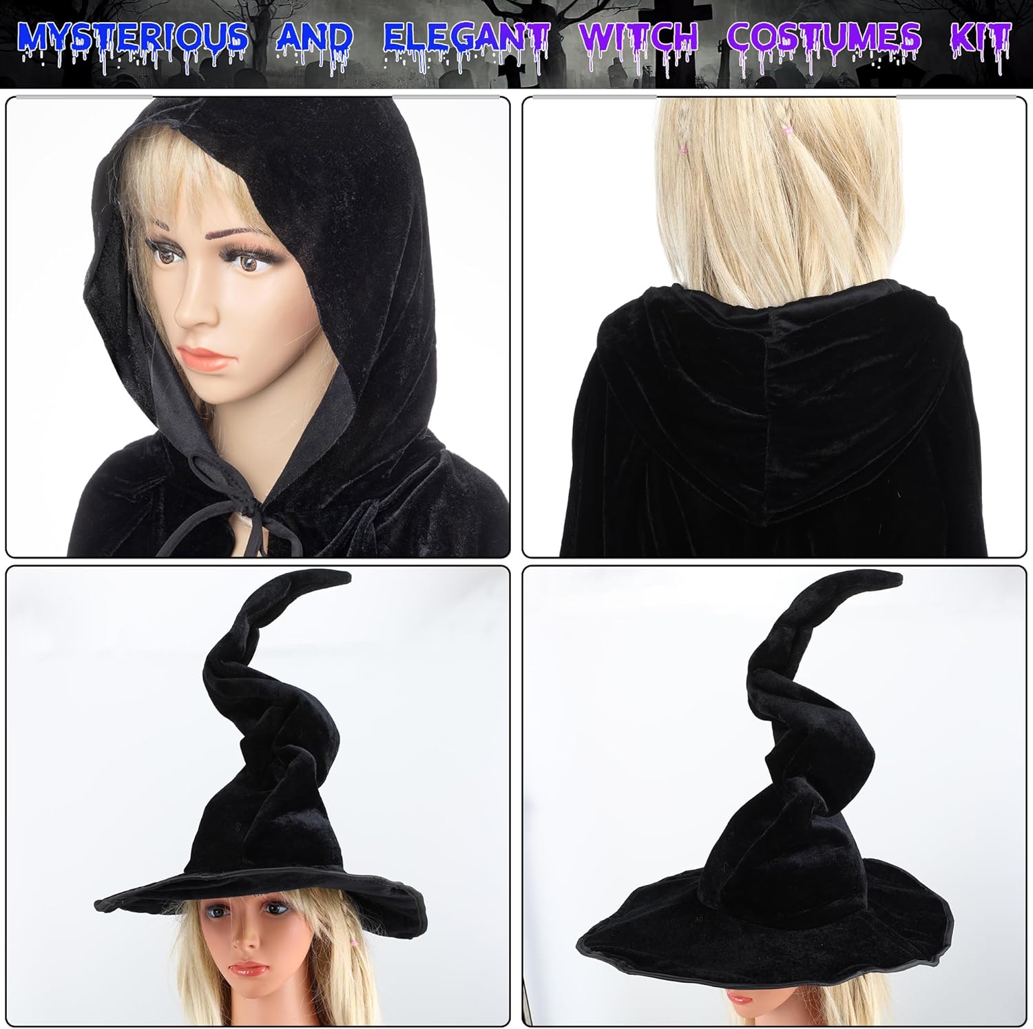 Enhon Conjunto de disfraz para Halloween, capa con capucha y sombrero de bruja, capa de terciopelo negro y sombrero de mago malvado para mujer,