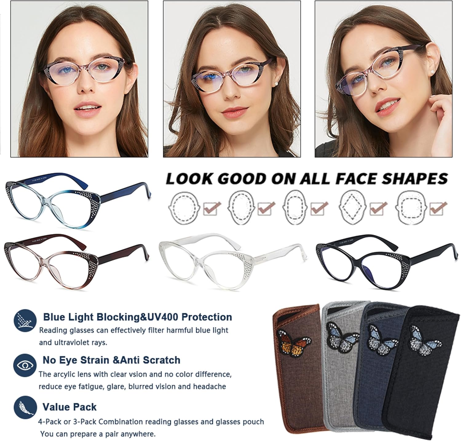 EYEURL Cat Eye Reading Glasses for Women – Blue Light Blocking Ladies Fashion Readers with Flexible Spring Hinges