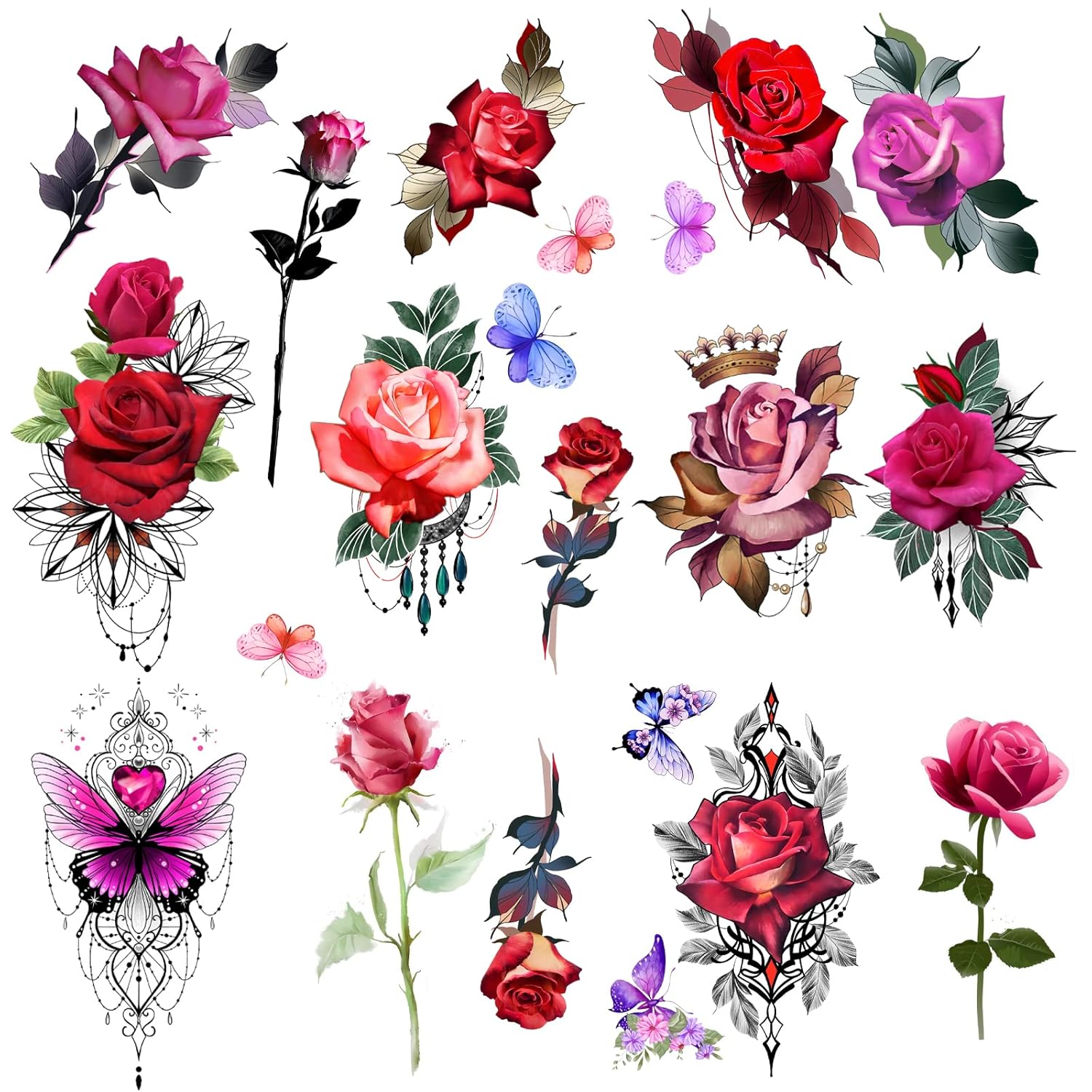ROARHOWL Impresionantes tatuajes temporales de flores de rosas, tatuajes falsos de rosas grandes para mujer, juego de tatuajes de rosas (rosa 3)