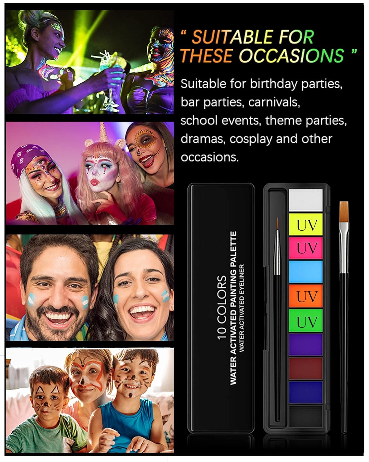 Paleta de pintura activada por agua de neón de 10 colores, gráfico hidra de brillo UV de arcoíris mate, delineador de ojos neón luminoso de color,