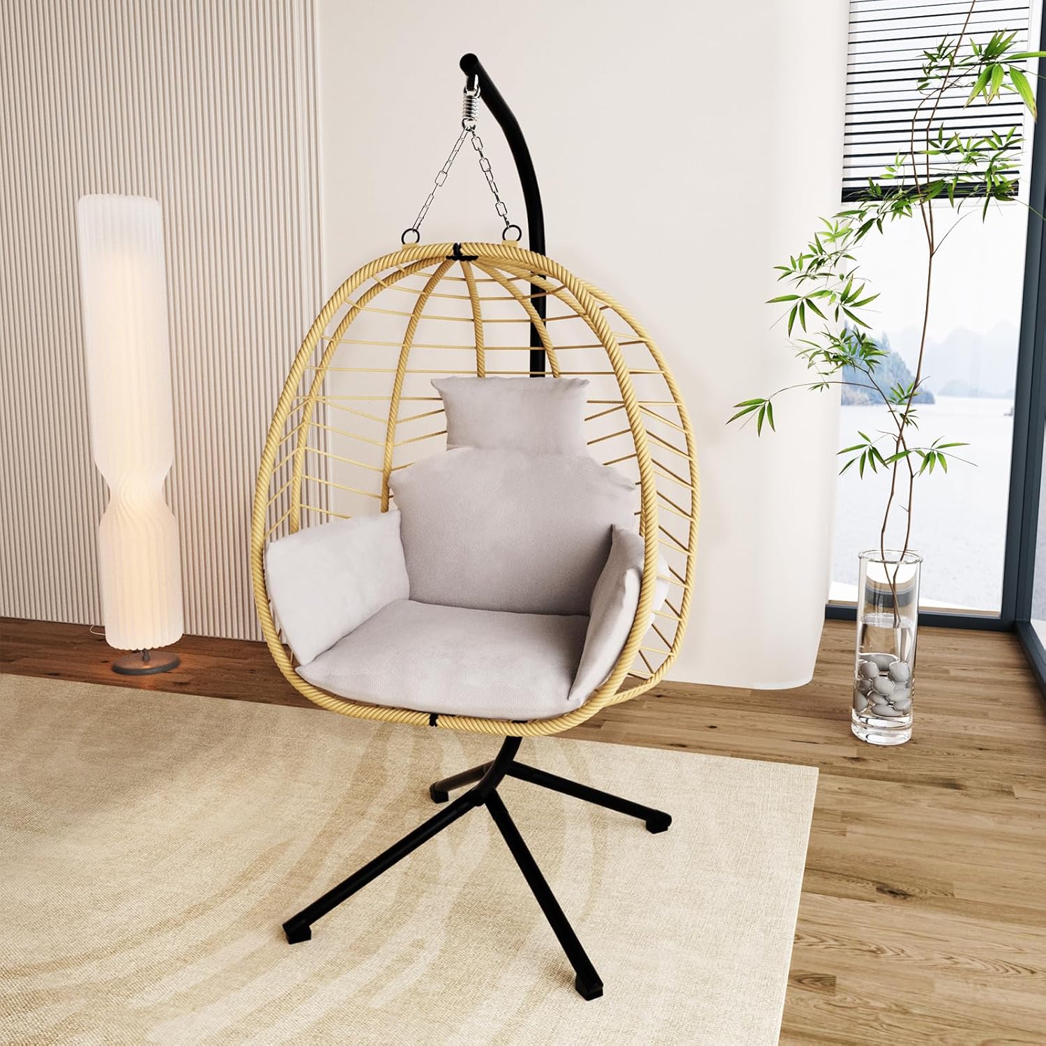Silla colgante de huevo con soporte, hamaca de patio, silla oscilante, cesta de mimbre de ratán, altura ajustable, resistente a los rayos UV, uso en