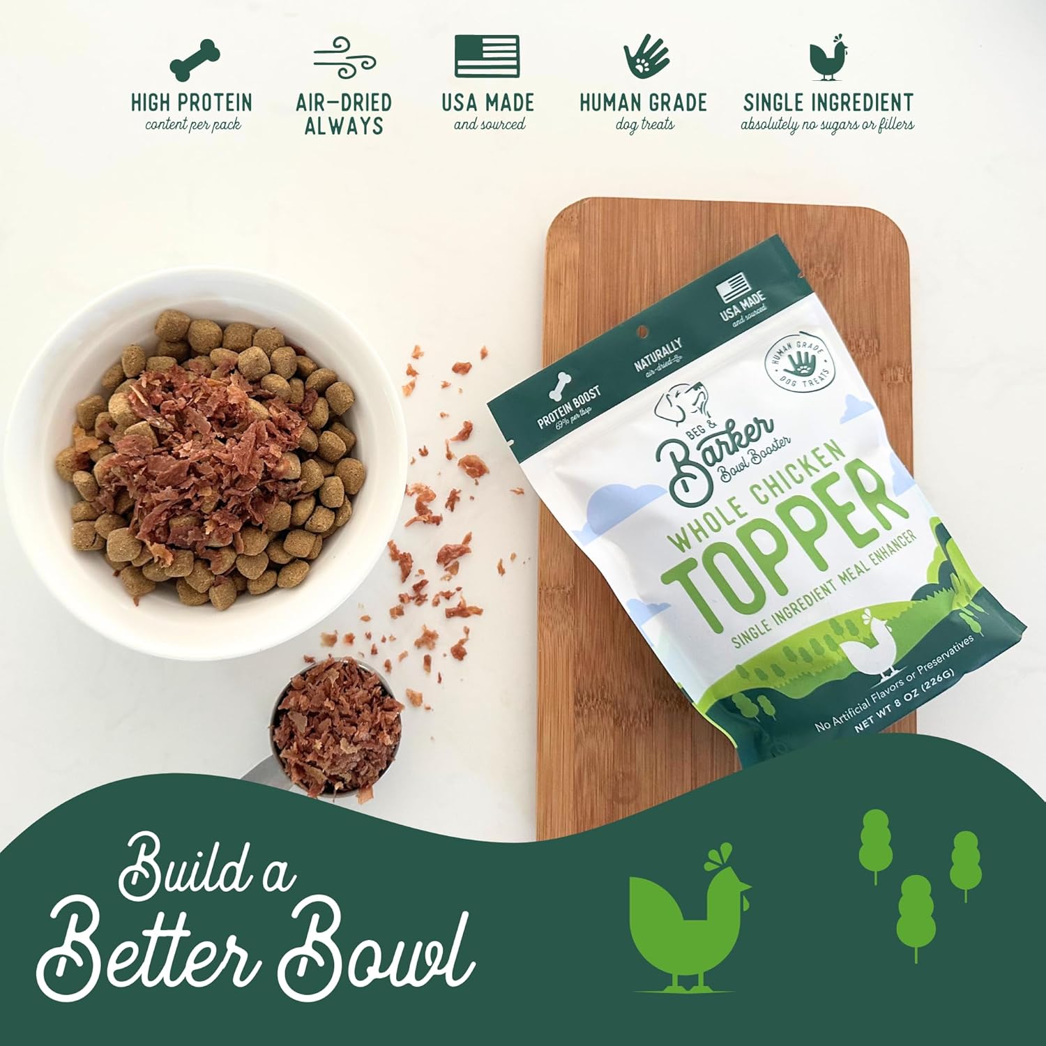 Beg & Barker Toppers de comida de pollo para perros quisquillosos (8 onzas, paquete de 1) – Tazón potenciador con pollo entero – Mezcladores de