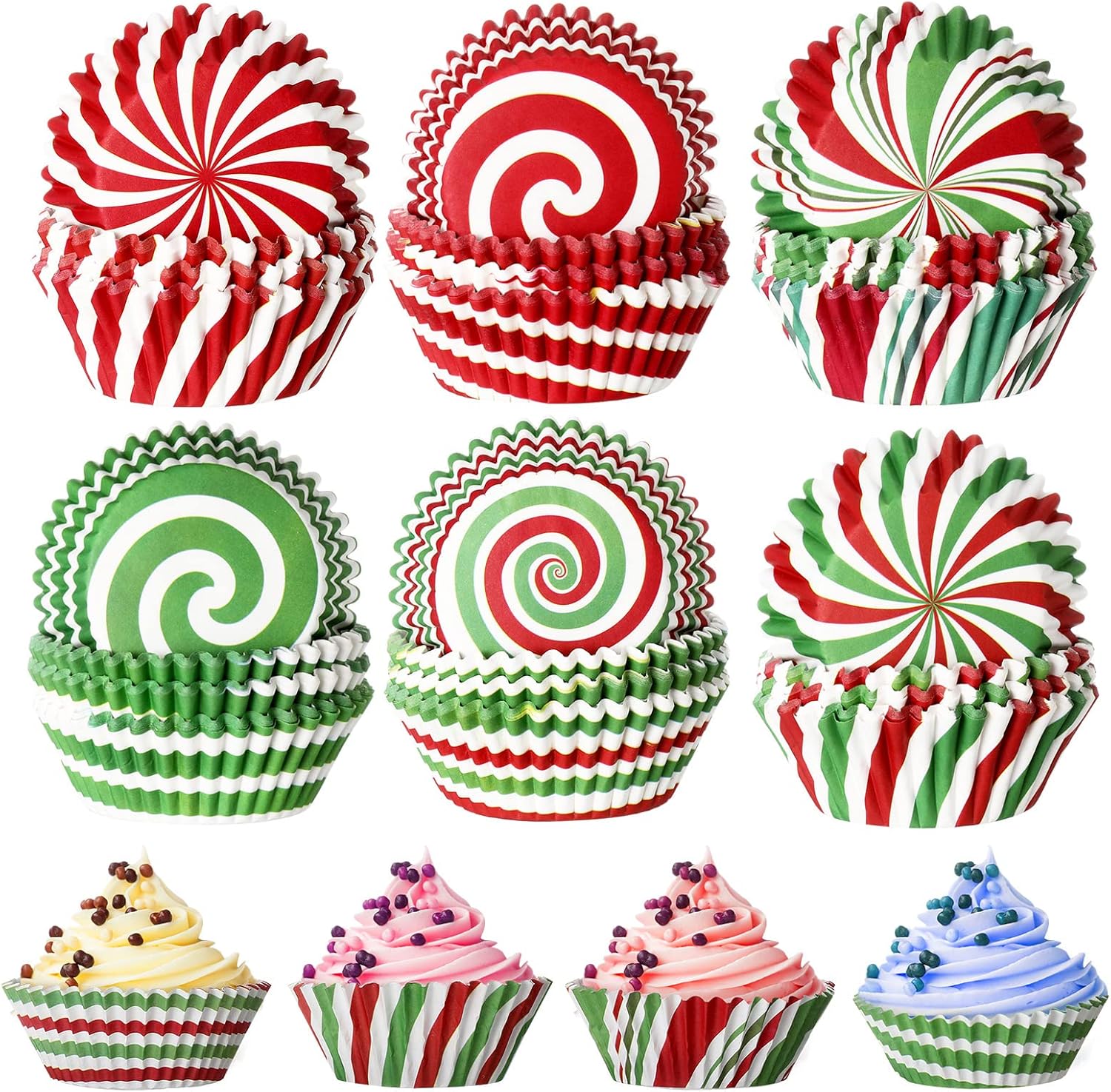 600 envoltorios de cupcakes de Navidad, 6 estilos, para fiestas de Navidad, para cupcakes, para magdalenas, soportes para cupcakes, tazas de papel