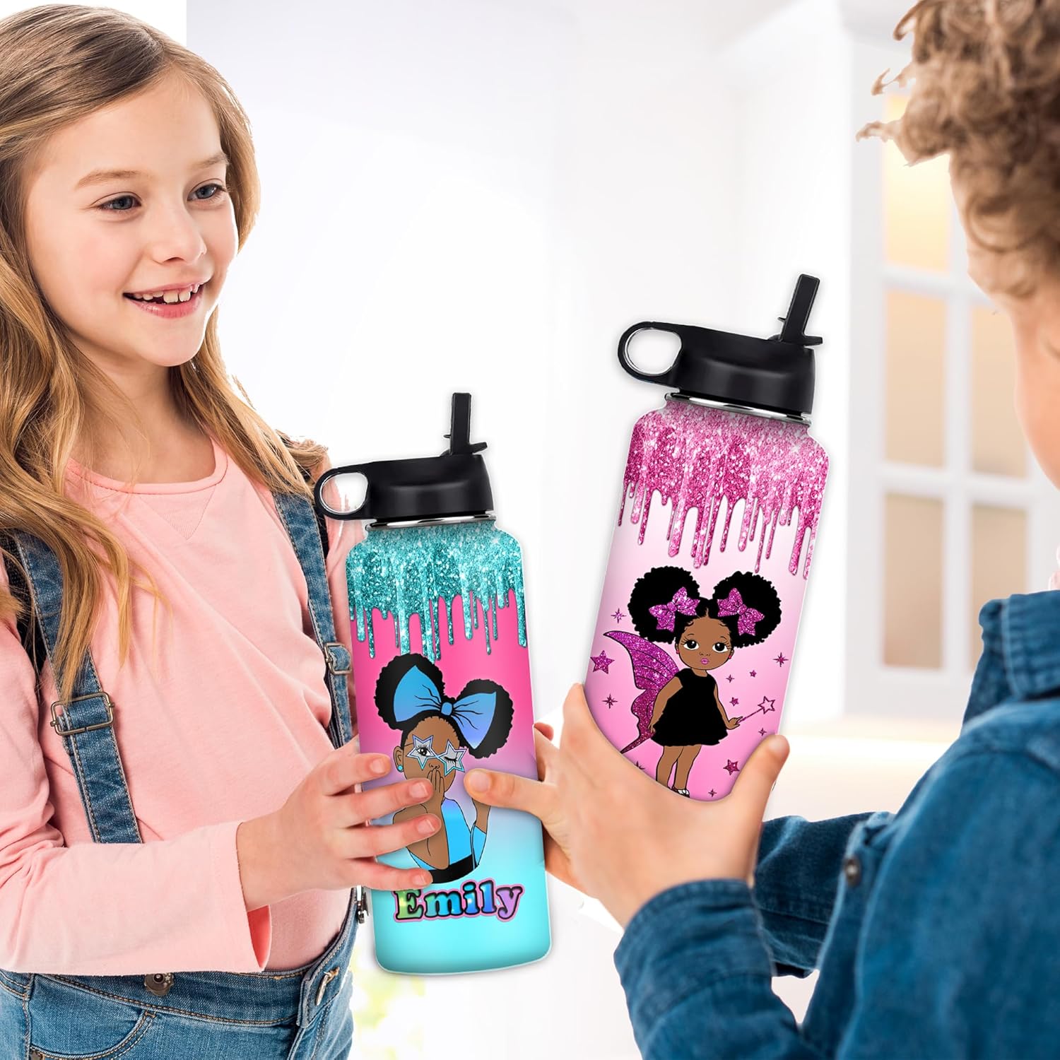 Botella de agua personalizada para niñas con estampado de 18 oz32 onzas, acero inoxidable con nombre personalizado para niños, botella de agua
