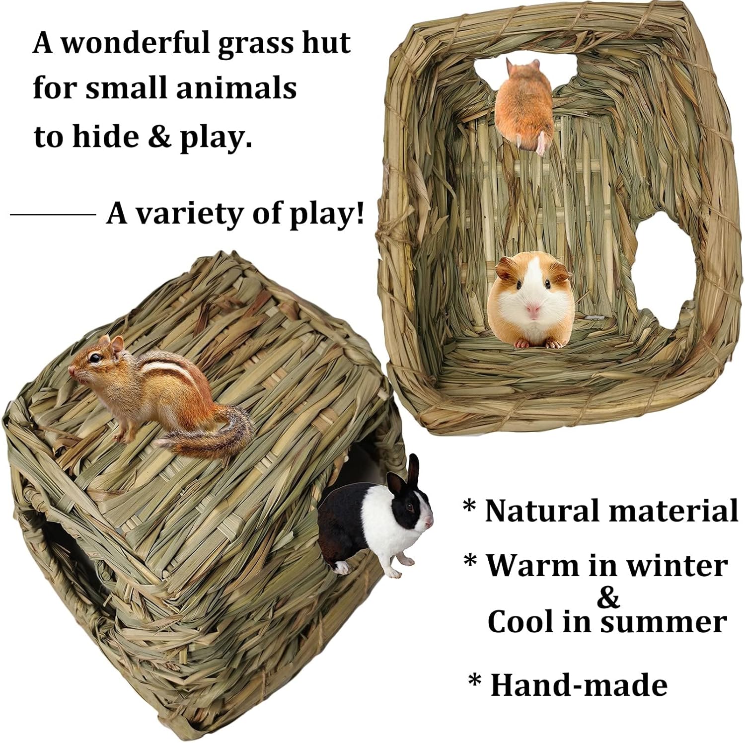 PINVNBY Casa de hierba de conejillo de indias con juguetes para masticar, conejito pequeño, escondite natural para mascotas, cabaña de césped con