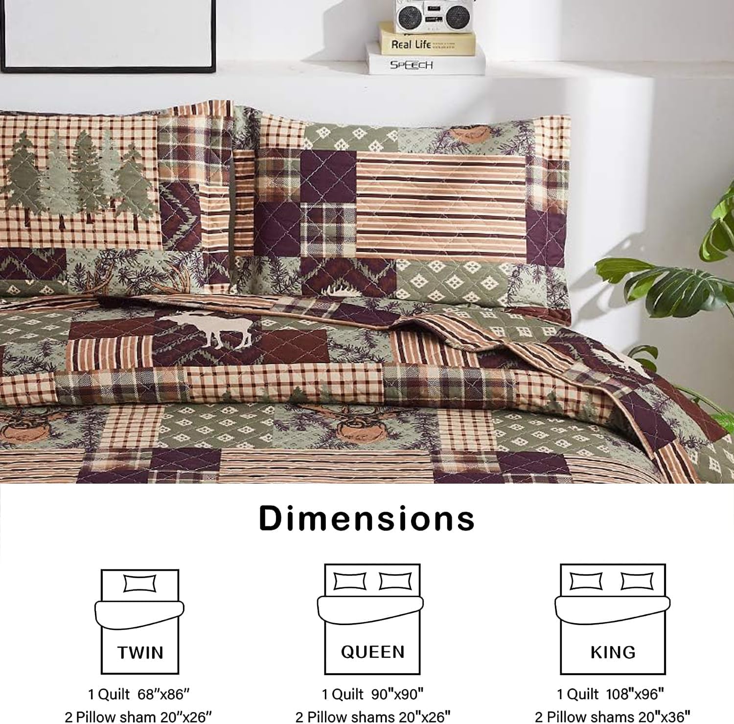 Hailea Juego de ropa de cama de tamaño Queen, colcha rústica de cabaña con alce y oso, colcha de cabaña con funda, suave y ligera, para todas las