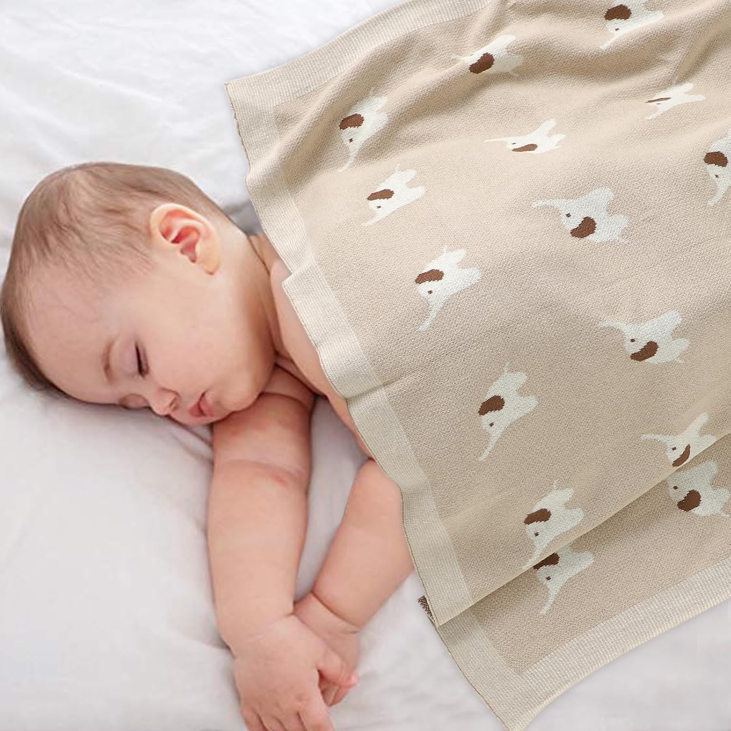 Hadetoto Manta de bebé 100% algodón de punto suave y acogedora manta de recepción con precioso elefante para niños recién nacidos, color camello,