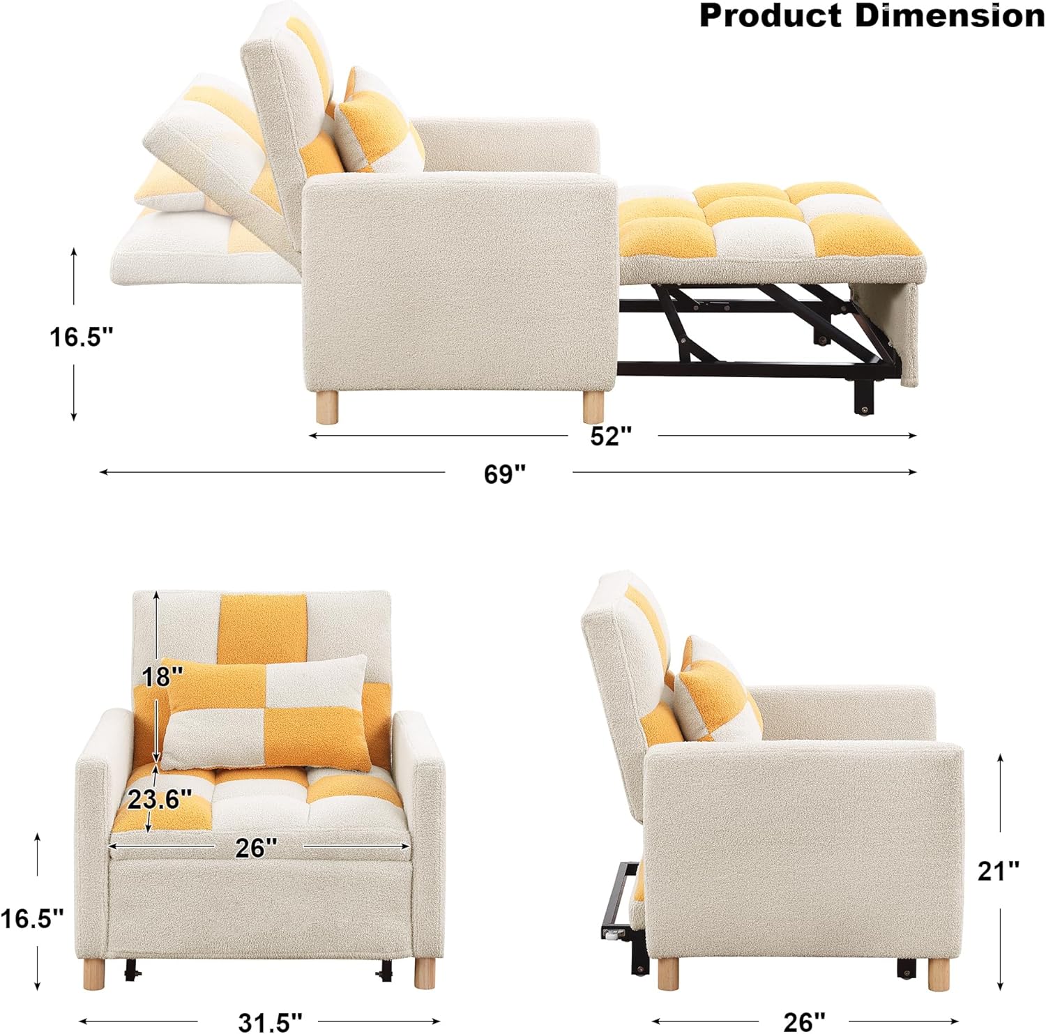 Silla de cama convertible multifuncional, tela de peluche, ajustable, sofá cama extraíble individual con lumbar, para estudio, dormitorio,