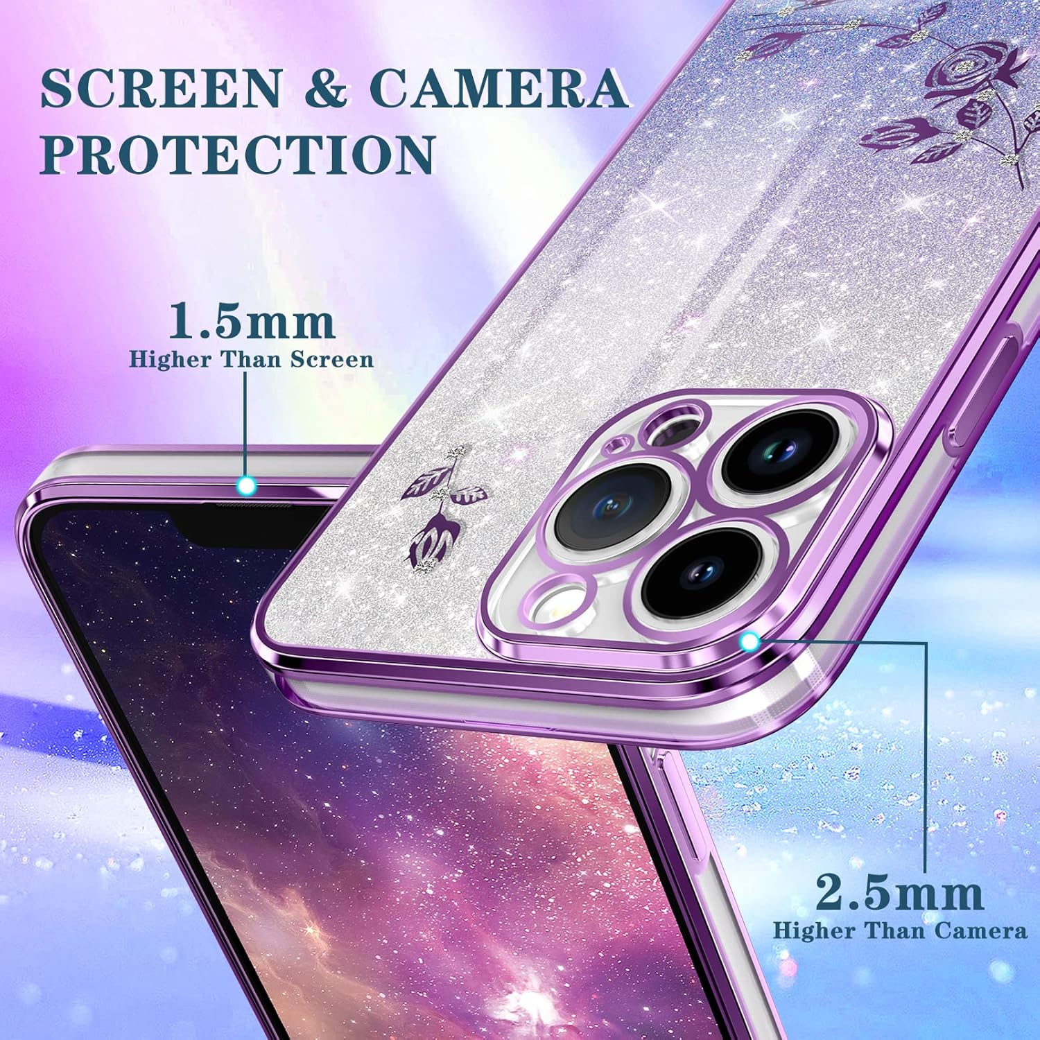 Coralogo Funda 3 en 1 para Apple iPhone 14 Pro con purpurina brillante para mujeres y niñas, funda brillante para teléfono, bonito diseño floral de