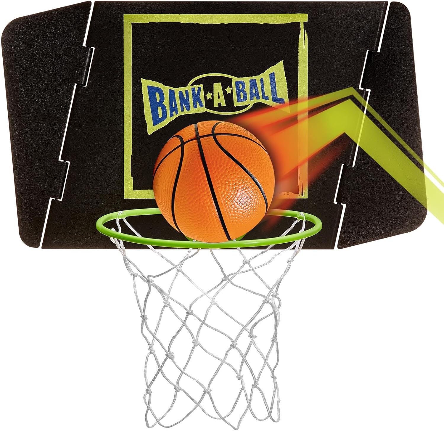 Bank-A-Ball Mini aro de baloncesto para adultos o niños, juego de juego ajustable portátil para interiores con bola, aro sobre la puerta con tablero