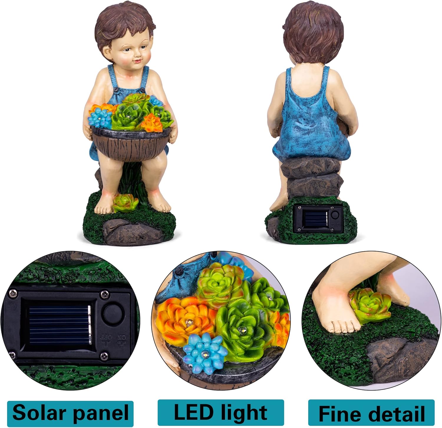 Ottsuls Estatua solar de jardín para niño, resina impermeable, decoración para exteriores con flores y 4 luces LED para patio, césped, porche,