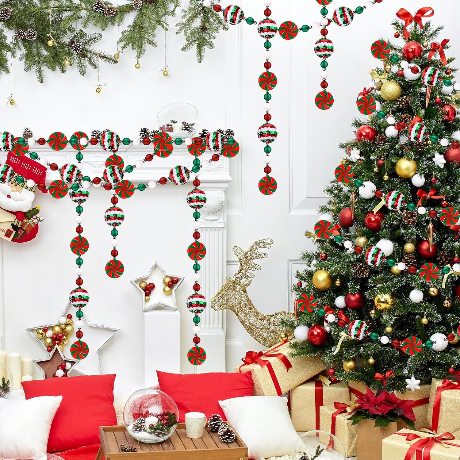 Guirnalda de bastones de caramelo de Navidad de 16 pies, adornos de menta, guirnalda de caramelos, coronas de bolas de Navidad, adornos colgantes