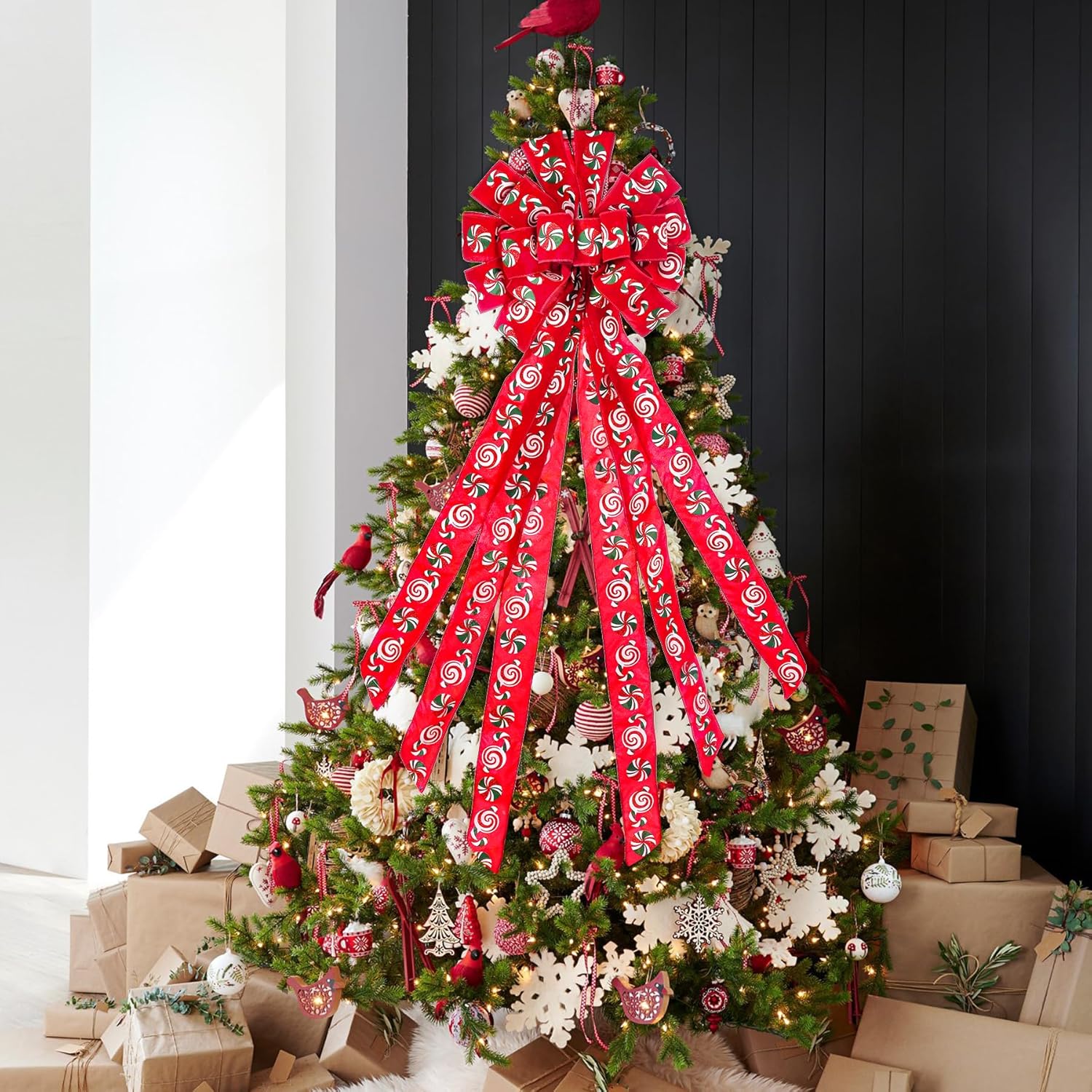 Decoración para árbol de Navidad, lazo de corona de Navidad de 45 x 12 pulgadas, lazo rojo grande con caramelo estampado para árbol de Navidad,