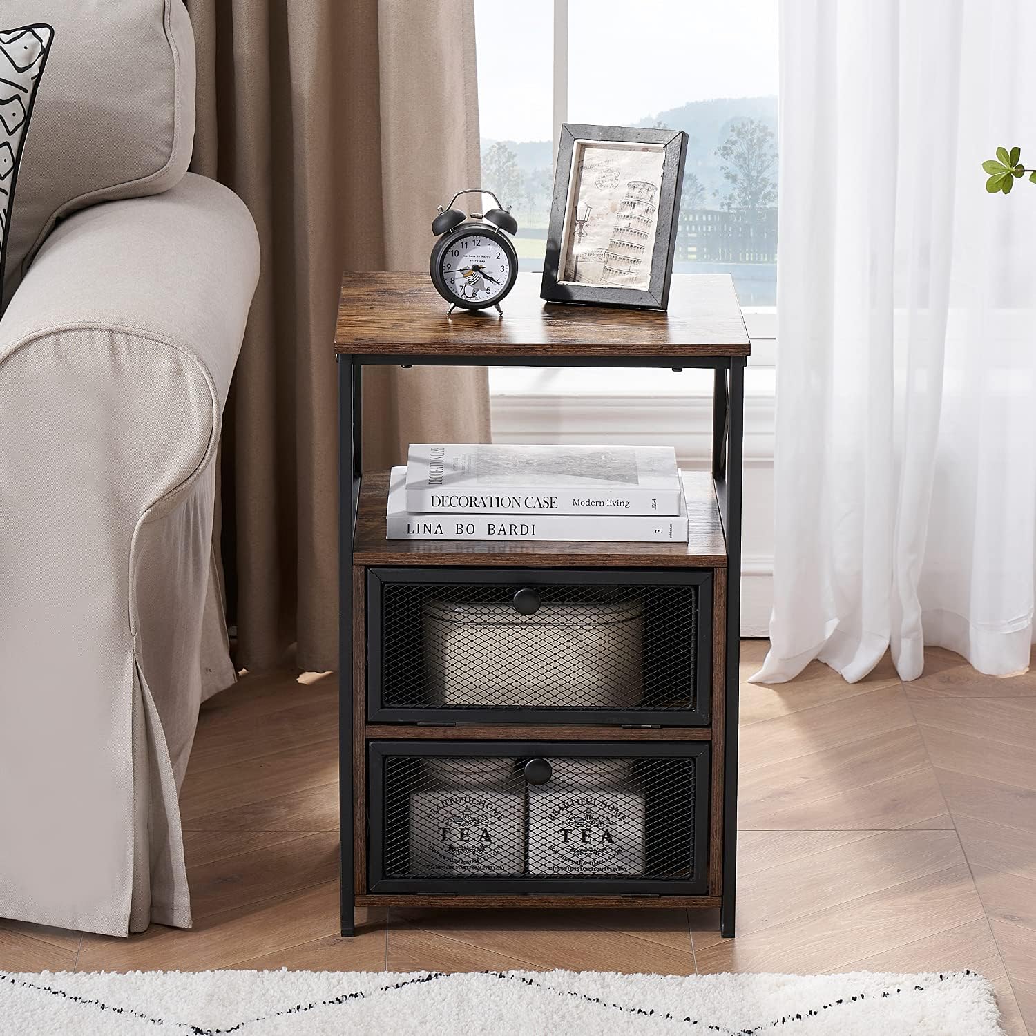 VECELO Moderna mesita de noche, mesa auxiliar con cajón abatible y lateral de diseño X para dormitorio, sala de estar, oficina, fácil montaje, marrón