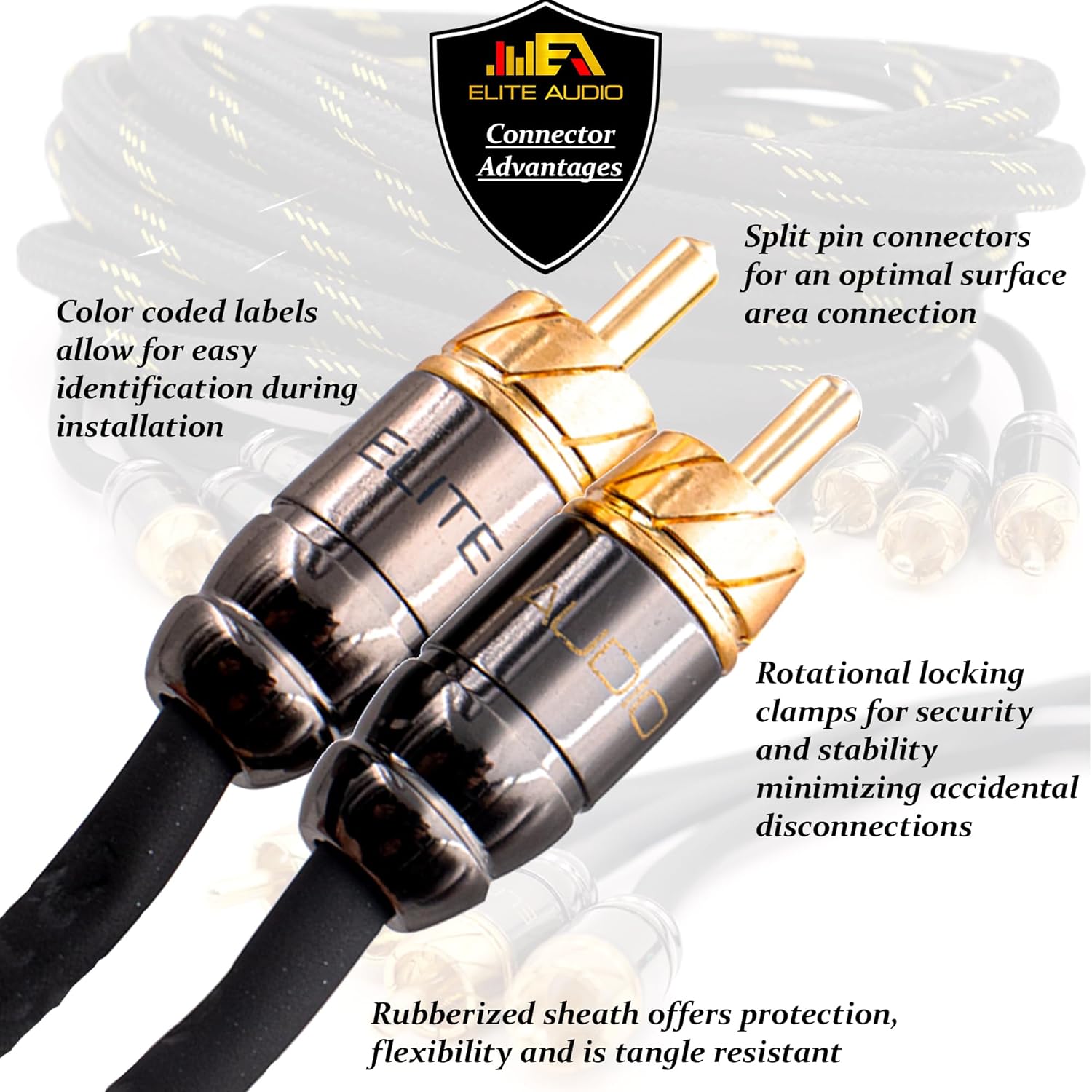 Elite Audio EA-PRO617 Cable RCA de cobre libre de oxígeno de 6 Ch de grado profesional de 17 pies – Conectores de latón, armadura triple blindada