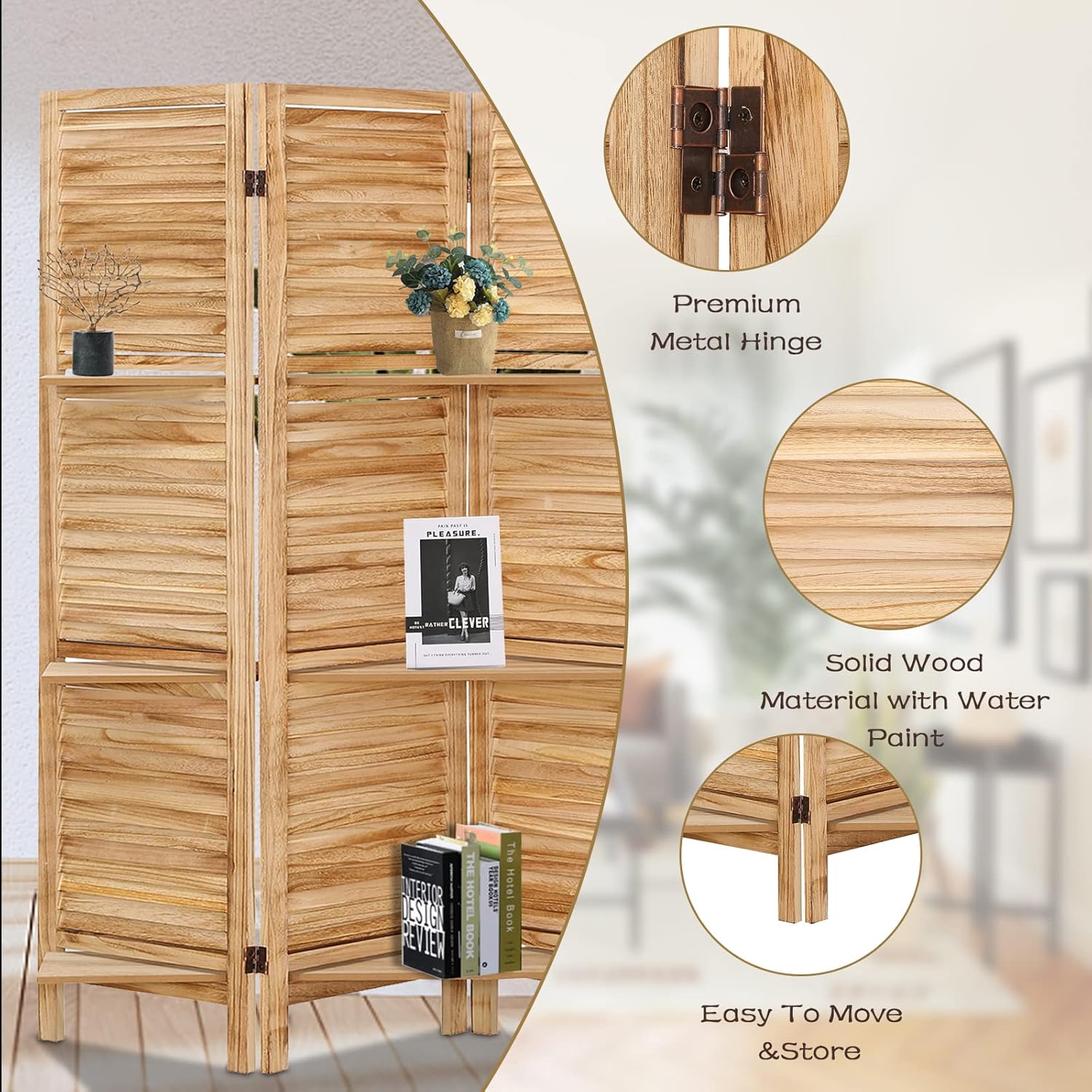Babion Divisor de habitación con estantes, separadores de habitación de 5.6 pies, 4 paneles, separadores de habitación de madera y pantallas