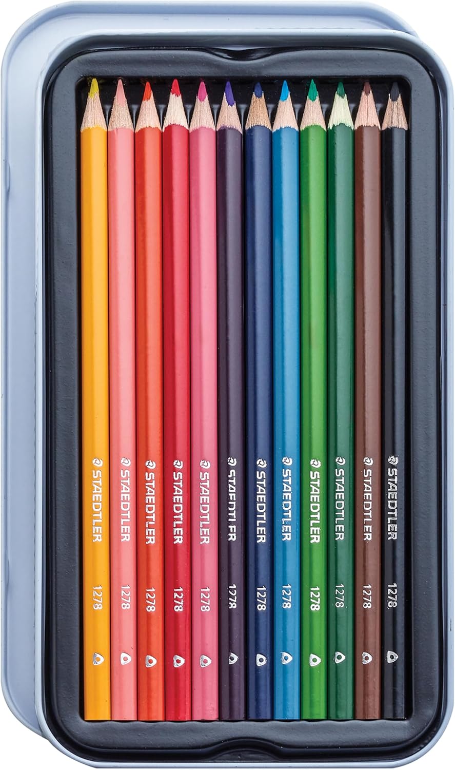 Staedtler Lápices de colores, barril triangular, paquete de 12 surtidos, lata de metal 1278 M12