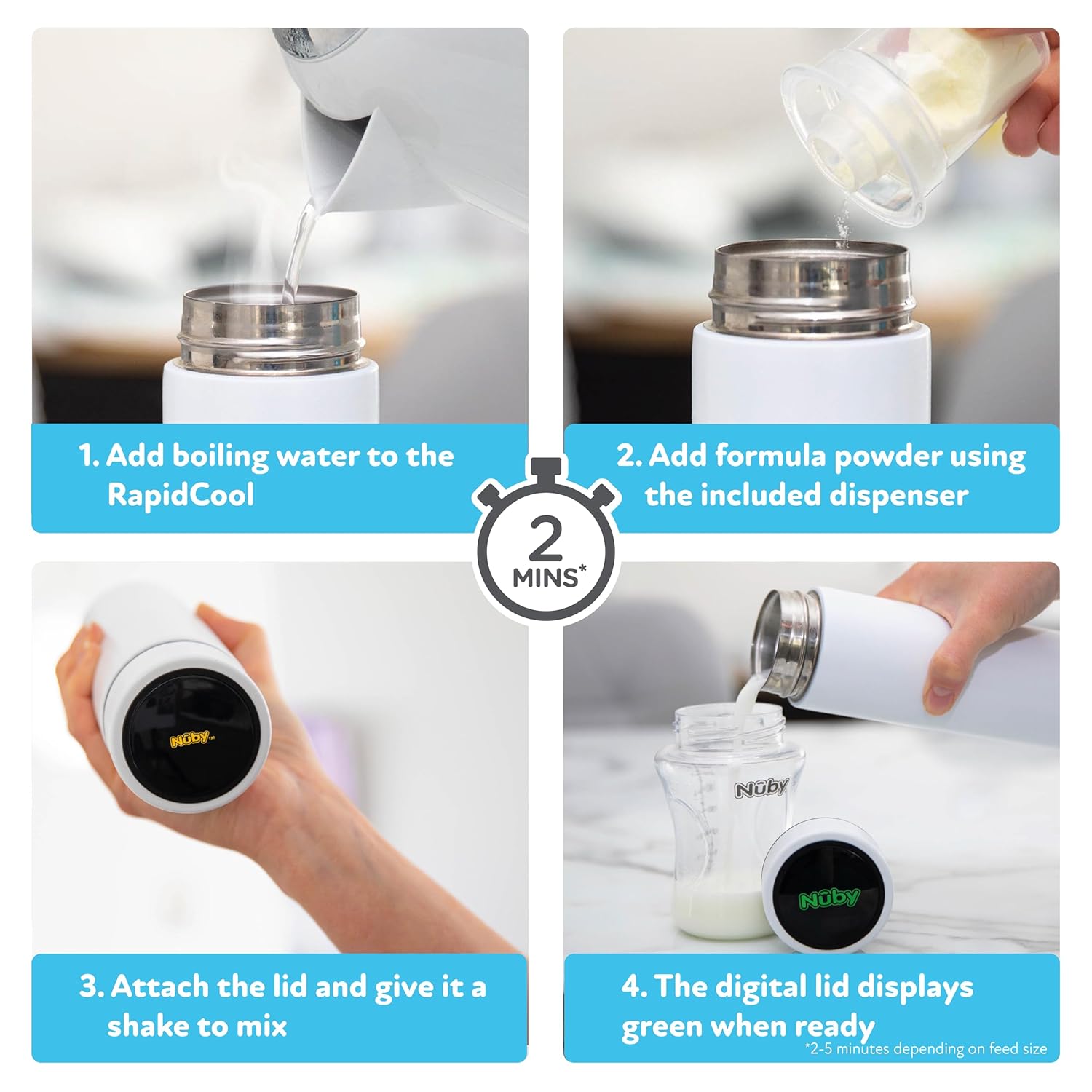 Nuby RapidCool – Fabricante portátil de biberones para bebés, sin BPA, incluye dispensador de leche en polvo y tapa digital, ideal para biberones de