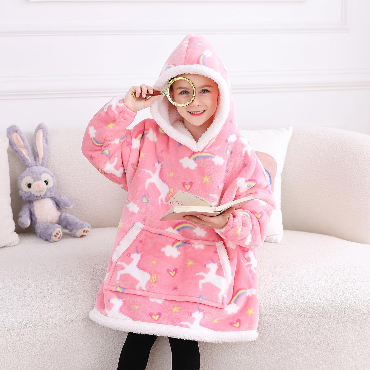 Manta con capucha para niños, súper cálida y suave, manta de franela Sherpa con bolsillo gigante, manta con capucha para regalos de niñas de 2 a 6
