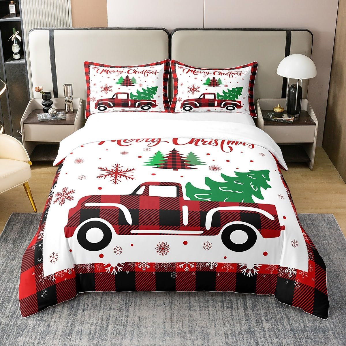 Juego de funda de edredón de algodón de Navidad, juego de edredón de automóvil con cuadrícula de Navidad para niños, niñas, adolescentes, decoración