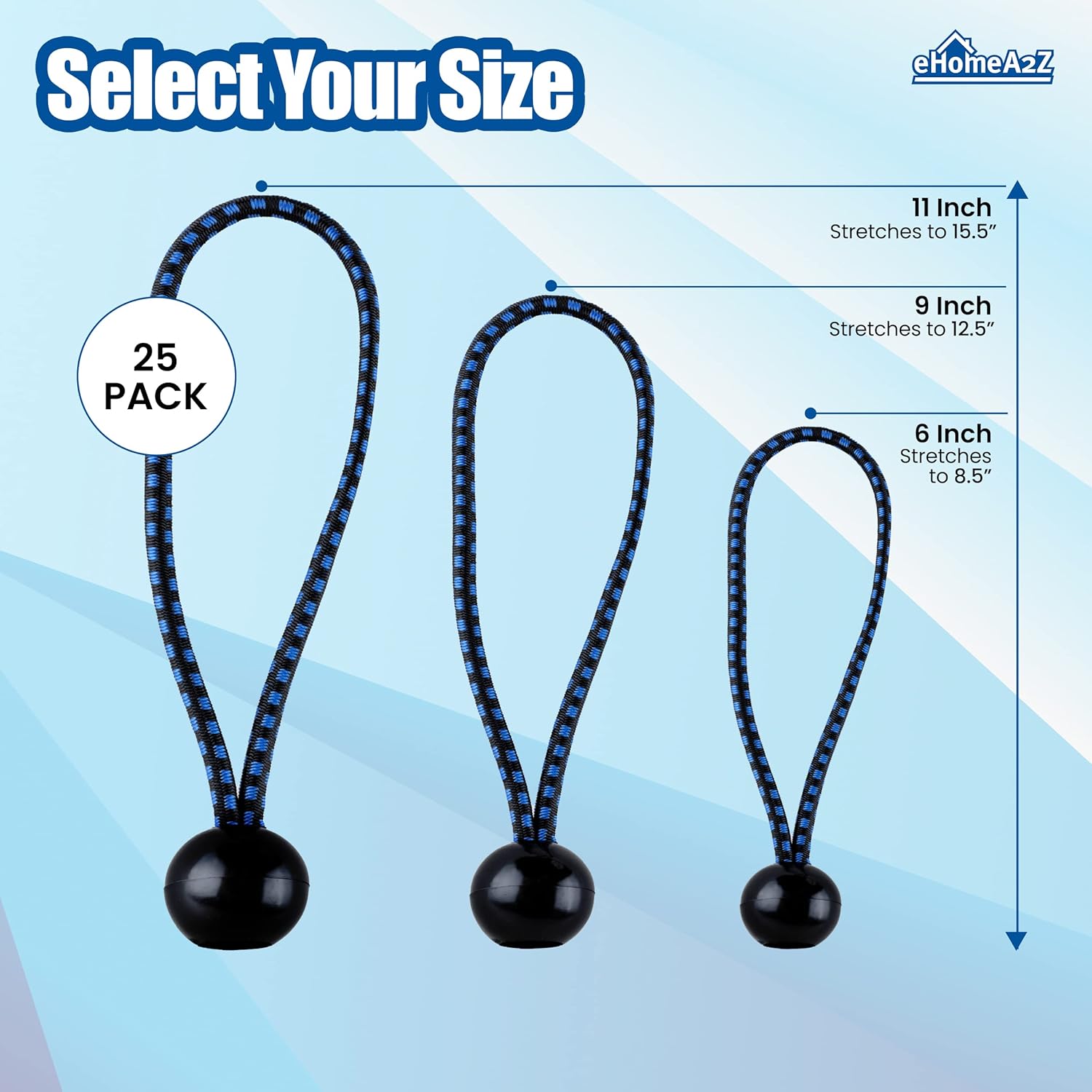eHomeA2Z Paquete de 50 bungee de bolas de 9 pulgadas, color negroazul, resistente a la intemperie, 0.197 in de grosor para camping, lona, tienda de