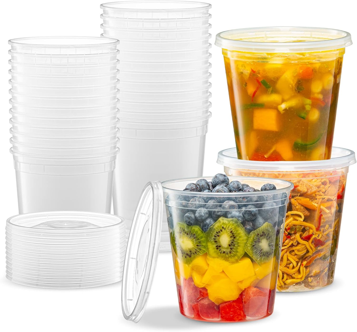 Elegant Disposables 24 onzas  24 juegos de recipientes de plástico para almacenamiento de alimentos con tapas flexibles herméticas para microondas,