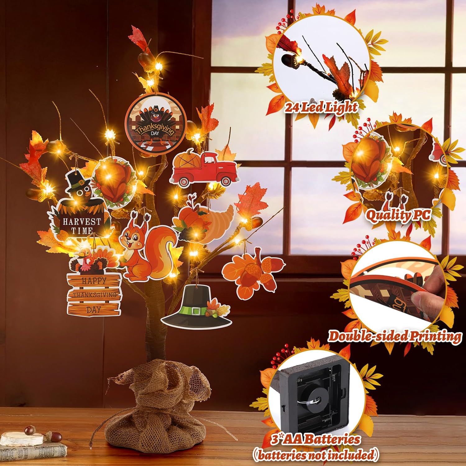 Capoda Árbol de Acción de Gracias para decoración de mesa de Acción de Gracias, árbol de arce iluminado de 24 pulgadas con 18 piezas de adornos