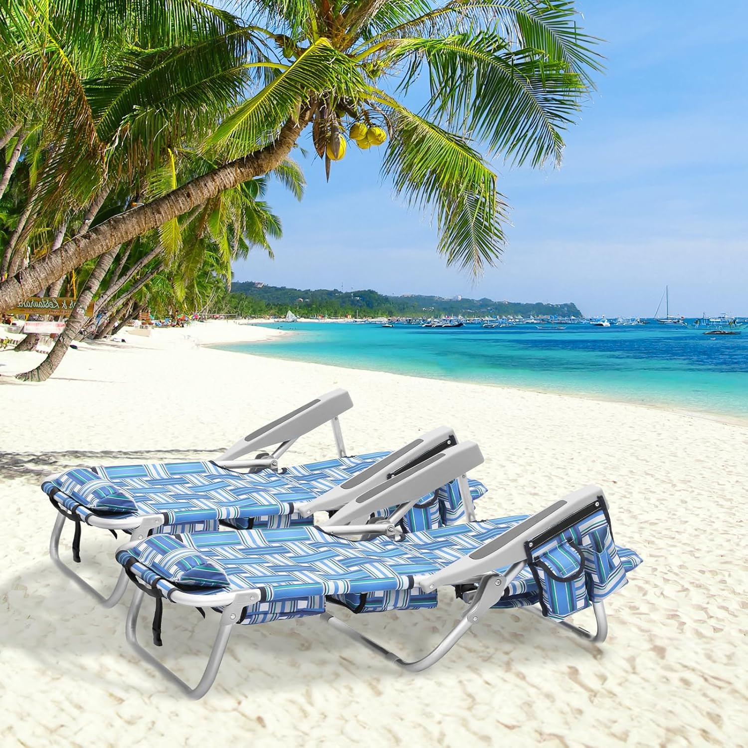 MoNiBloom Asiento de perfil bajo, ligero, portátil, plegable, silla de playa con soporte para tazas, bolsa enfriadora, resistente al aire libre,