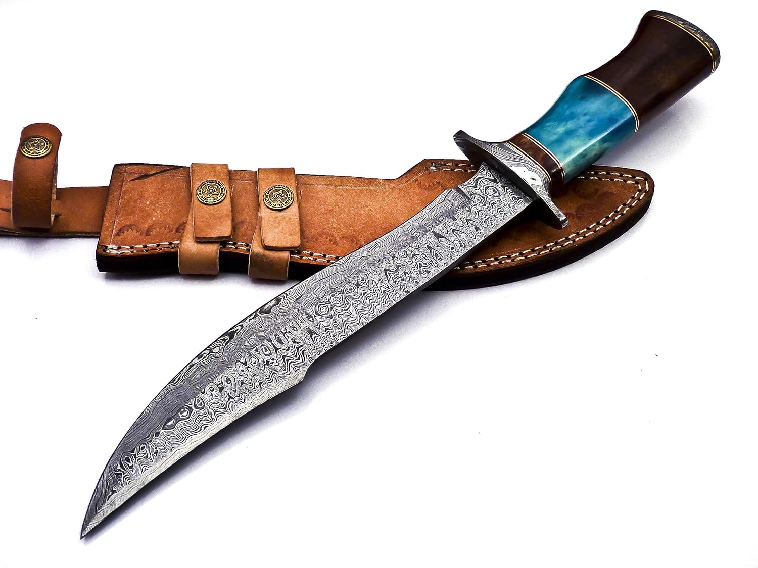 BK-41 – Cuchillo Bowie de acero de Damasco hecho a mano de 15 pulgadas, madera de Marindi maciza y mango de hueso de cuerno de toro con funda de