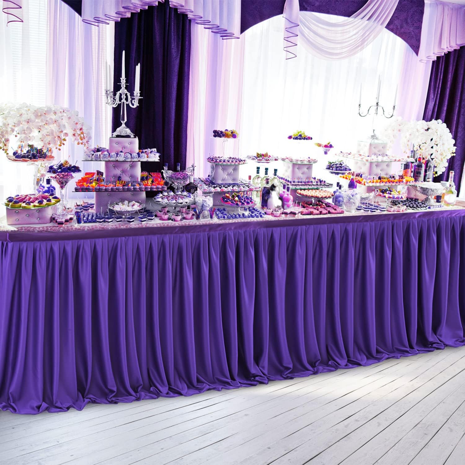 Partisky Falda de mesa de poliéster morado para mesas rectangulares de 17 pies, mantel plisado resistente a las arrugas para banquetes, bodas,