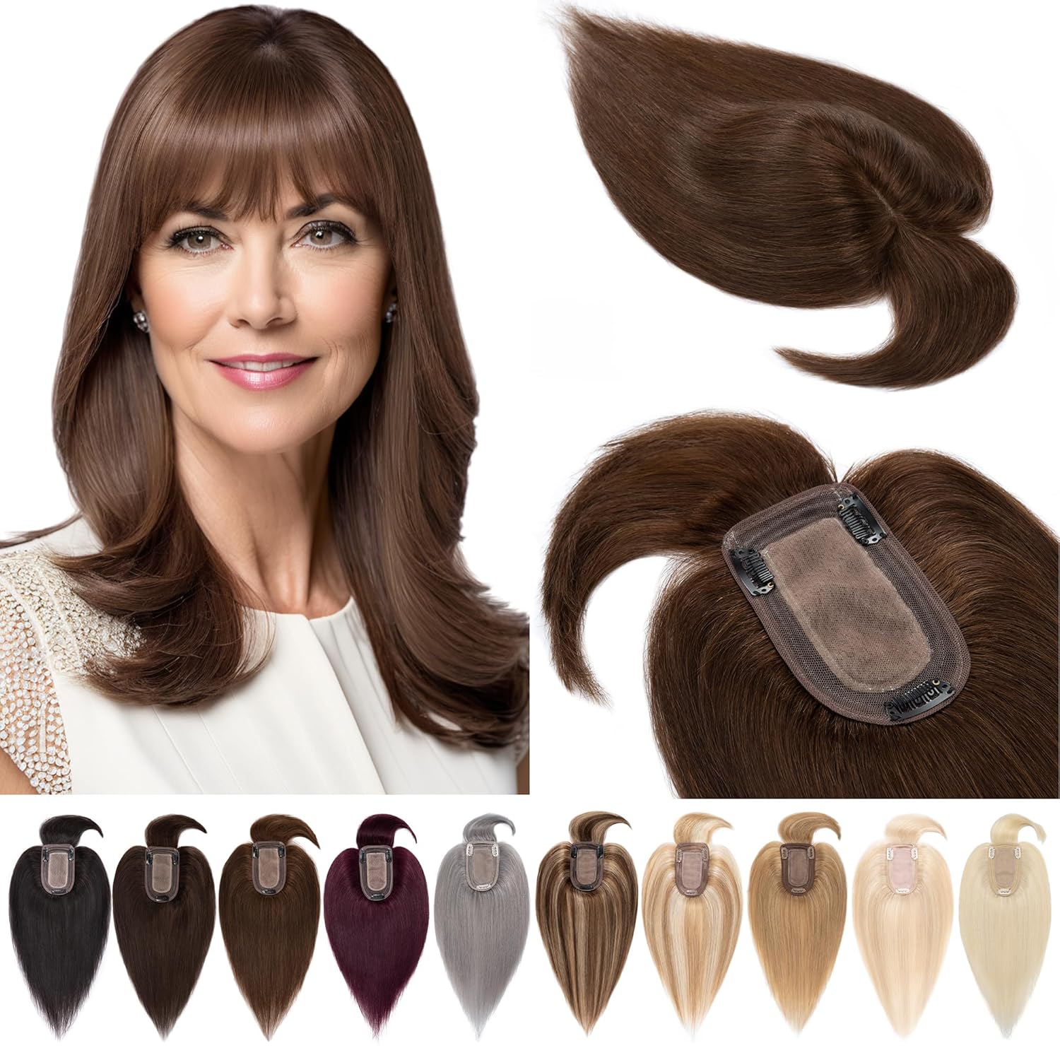 Toppers para el cabello para mujer, cabello humano real con flequillo, 2.8 x 5.1 in, base de seda, clip en la parte superior, pelucas de pelo