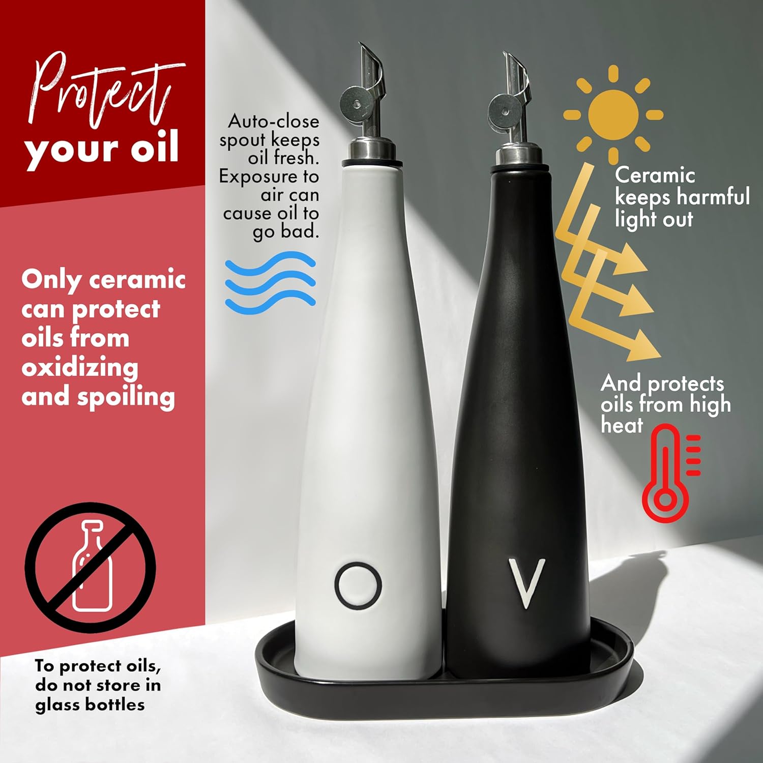 Juego de dispensador de aceite de cerámica y vinagre, botella dispensadora de aceite de oliva prémium para cocina con botella dispensadora de