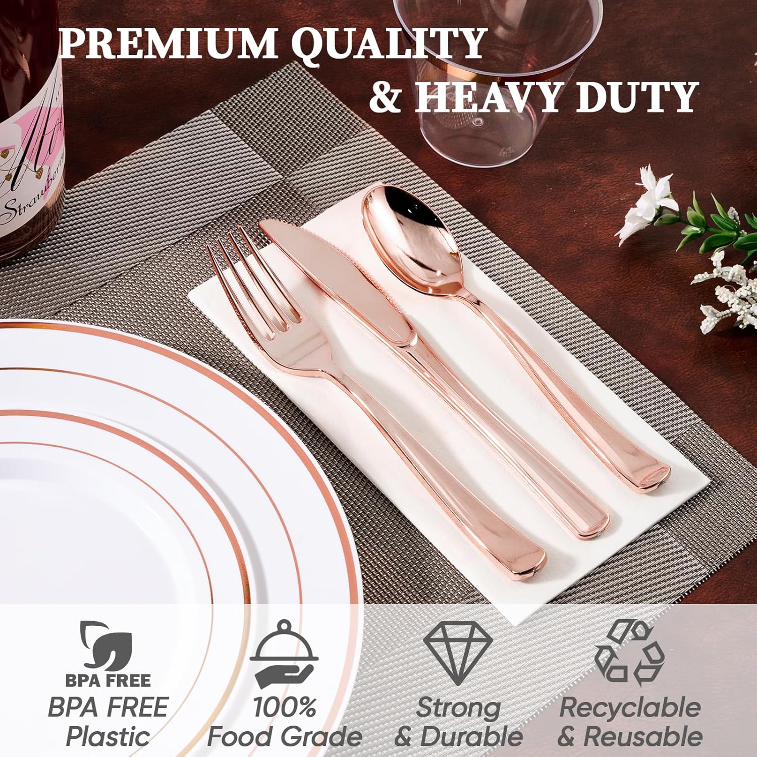 Juego de vajilla desechable de 700 piezas de oro rosa para 100 invitados, platos de plástico con borde de oro rosa, 100 platos llanos, 100 platos de