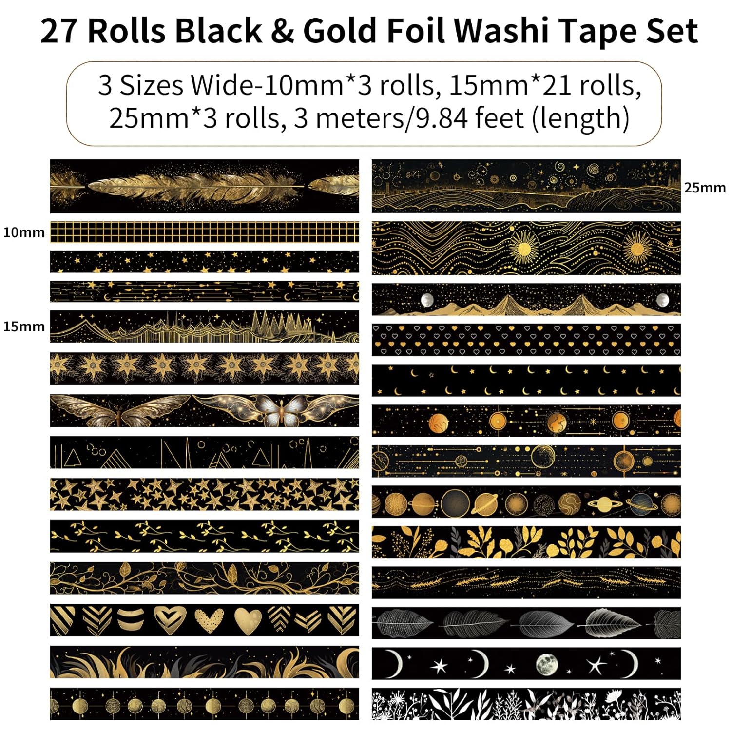 Juego de cinta washi negra, 27 rollos de cinta adhesiva decorativa de lámina dorada negra para diario de viñetas, suministros de álbumes de