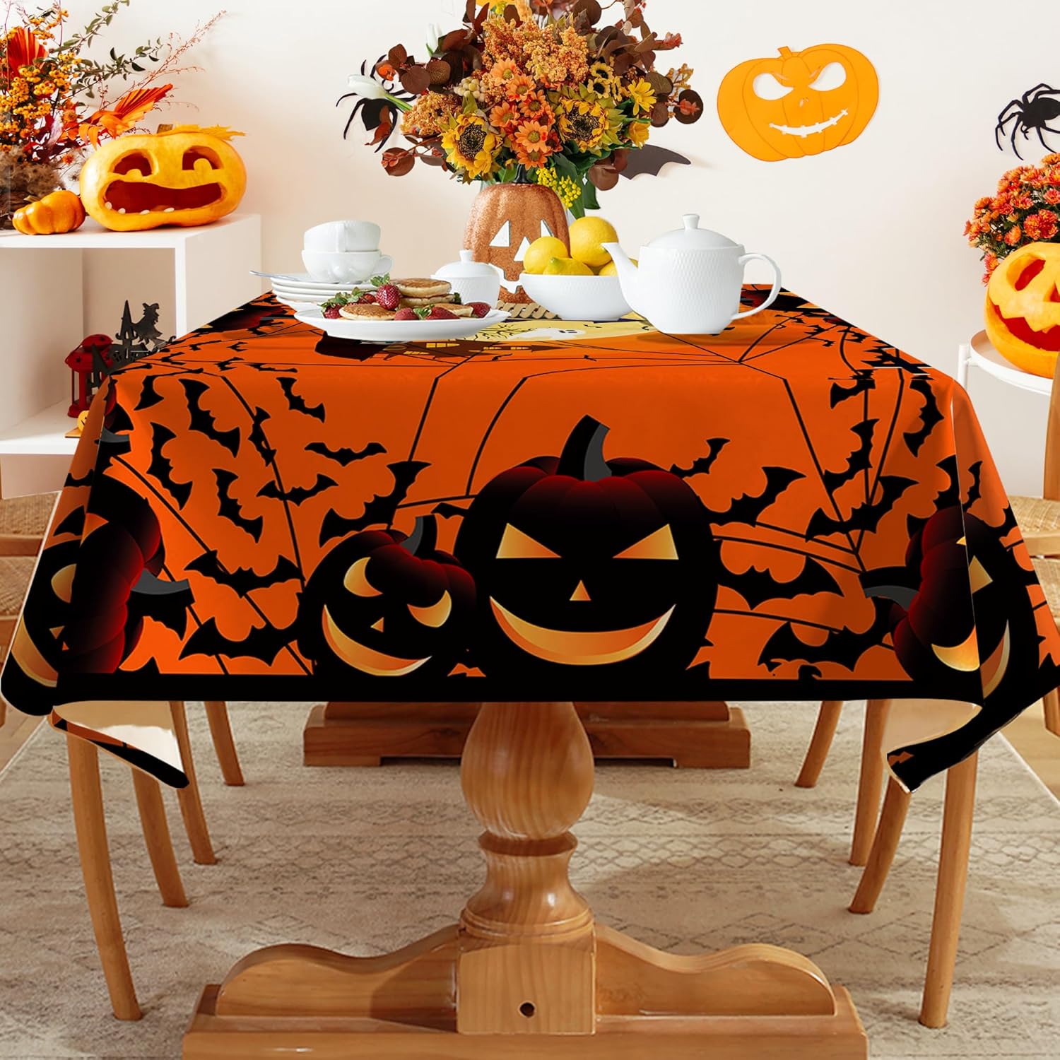 Mantel rectangular de Halloween de 60 x 84 pulgadas, decoración de mesa de Halloween, tela de araña fácil de limpiar, mantel rectangular de