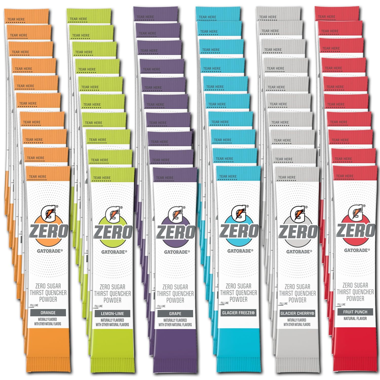 Gatorade G Zero Powder – Variedad de paquetes de electrolitos en polvo – Paquete de 60 – 6 sabores – Glacier Freeze, naranja, uva, ponche de frutas,