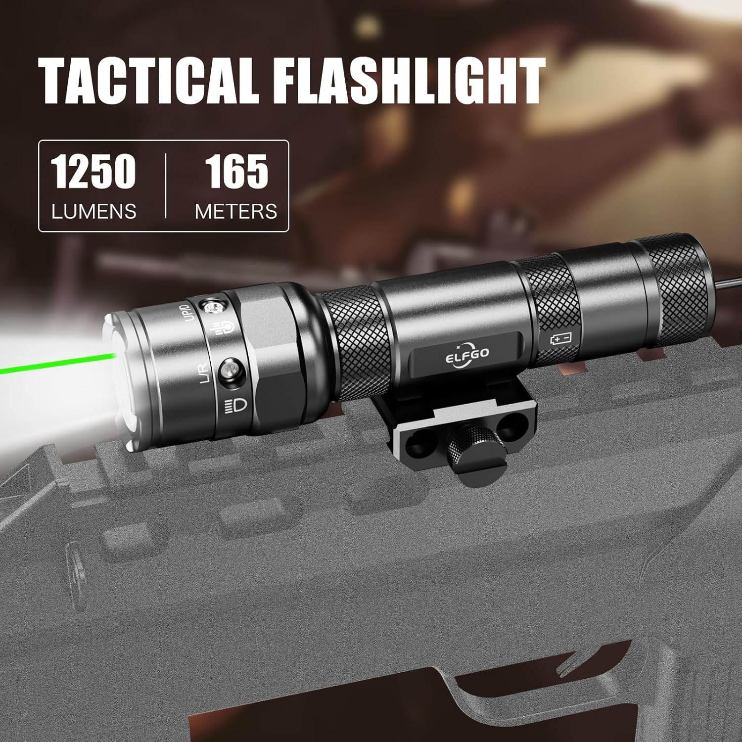 Linterna táctica láser verde combo recargable, 1250 lúmenes Picatinny montaje arma luz láser con interruptor de presión remoto, montaje en riel
