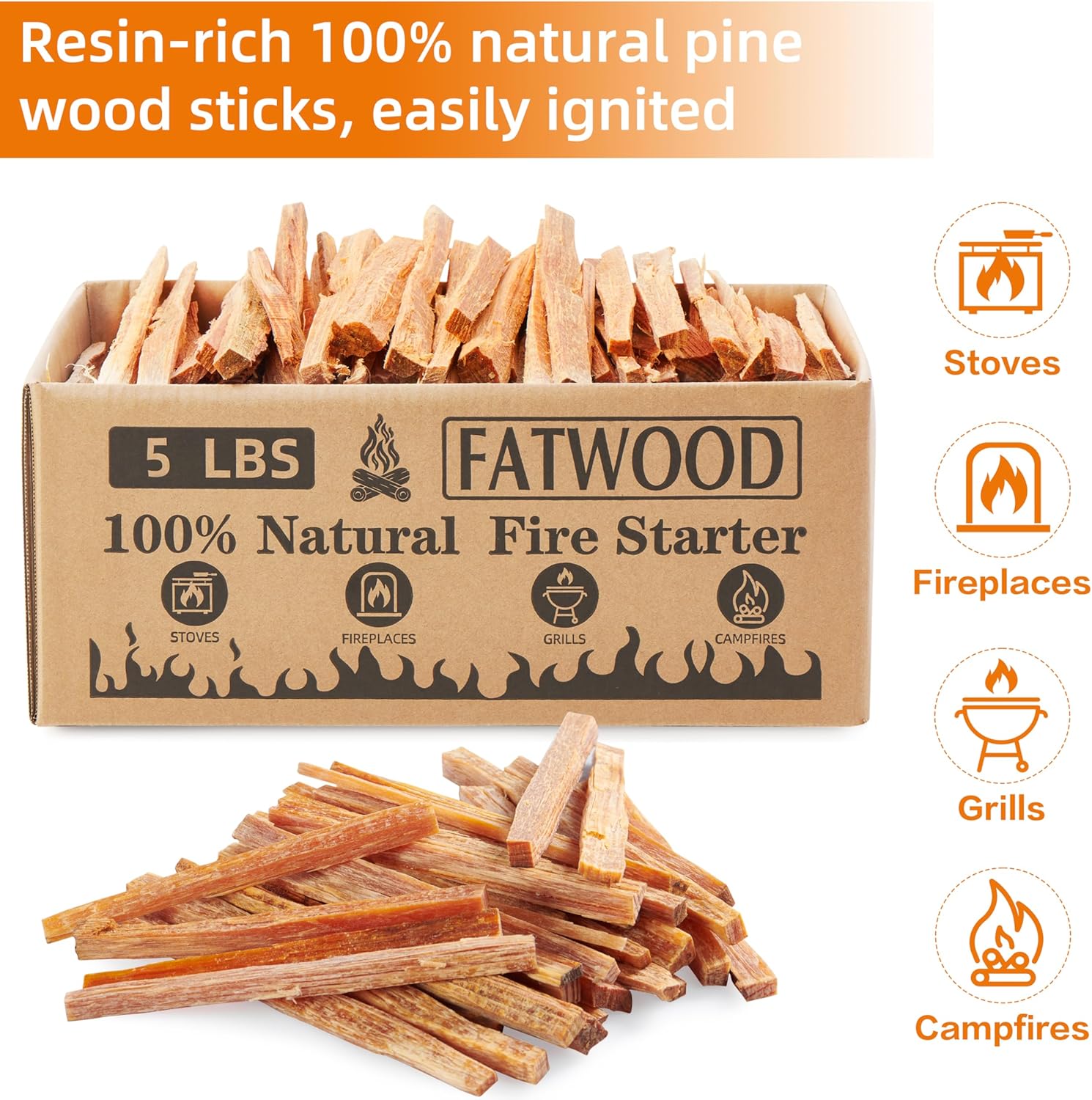 Palitos de inicio de fuego de madera de grasa de 5 libras, 100 % natural para estufas, madera de pino para chimeneas, fogatas, fogatas, fogatas,