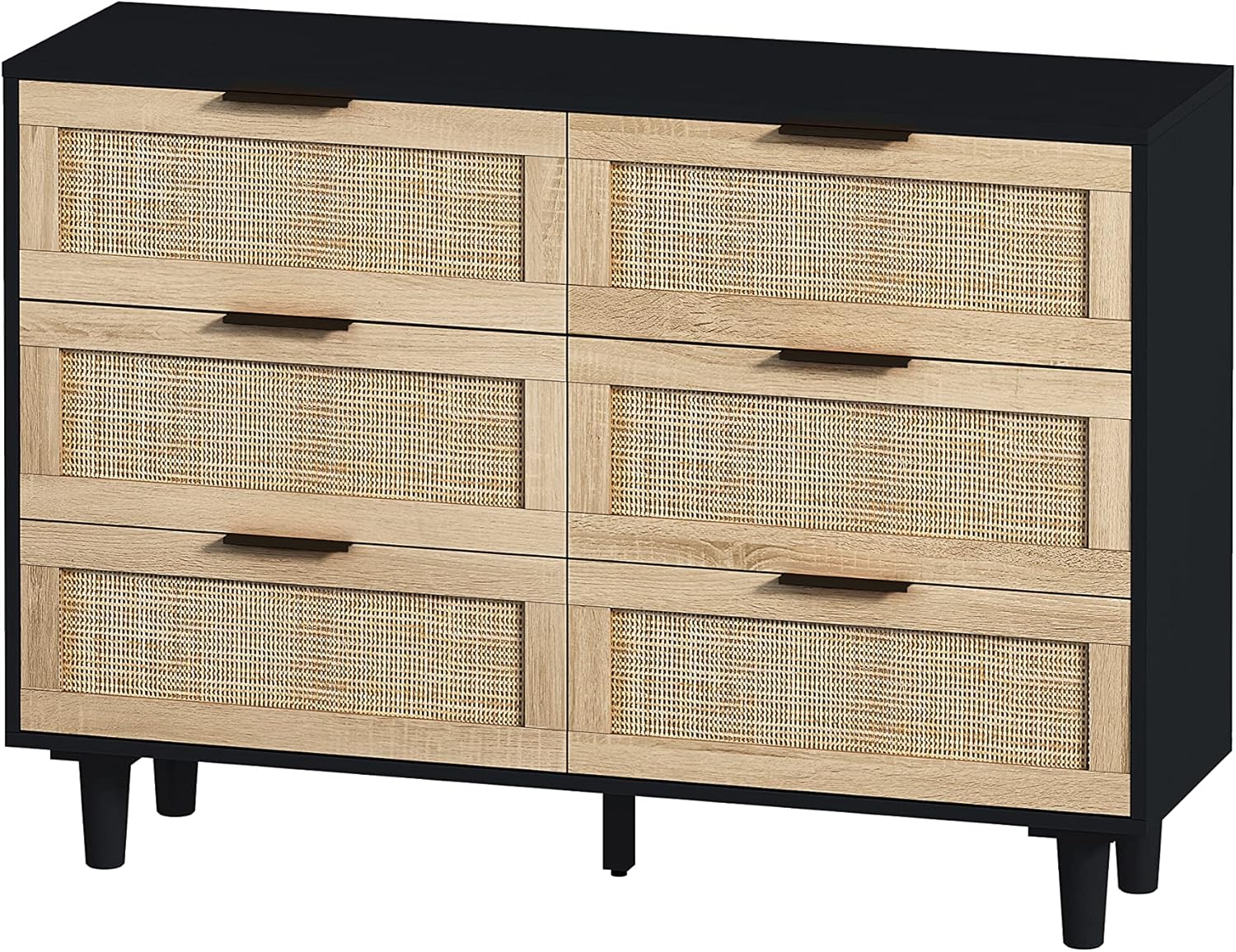 Cómoda con 6 cajones de 43.31 pulgadas, moderna cómoda de ratán con 6 cajones, armario de almacenamiento de madera para dormitorio, sala de estar,