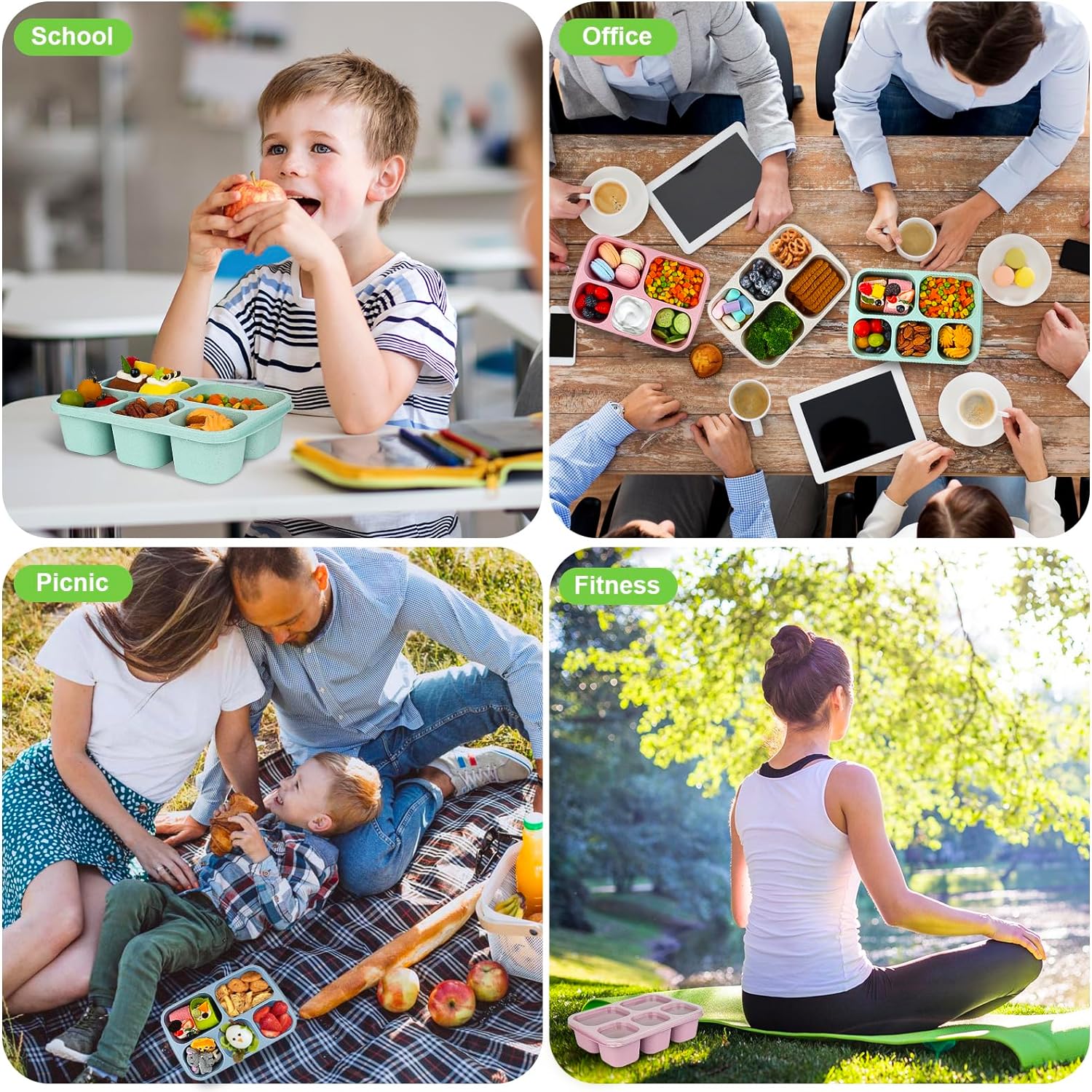Bento – Loncheras reutilizables con 5 compartimentos, contenedores para alimentos para adultos, para la escuela, el trabajo y los viajes, juego de 4