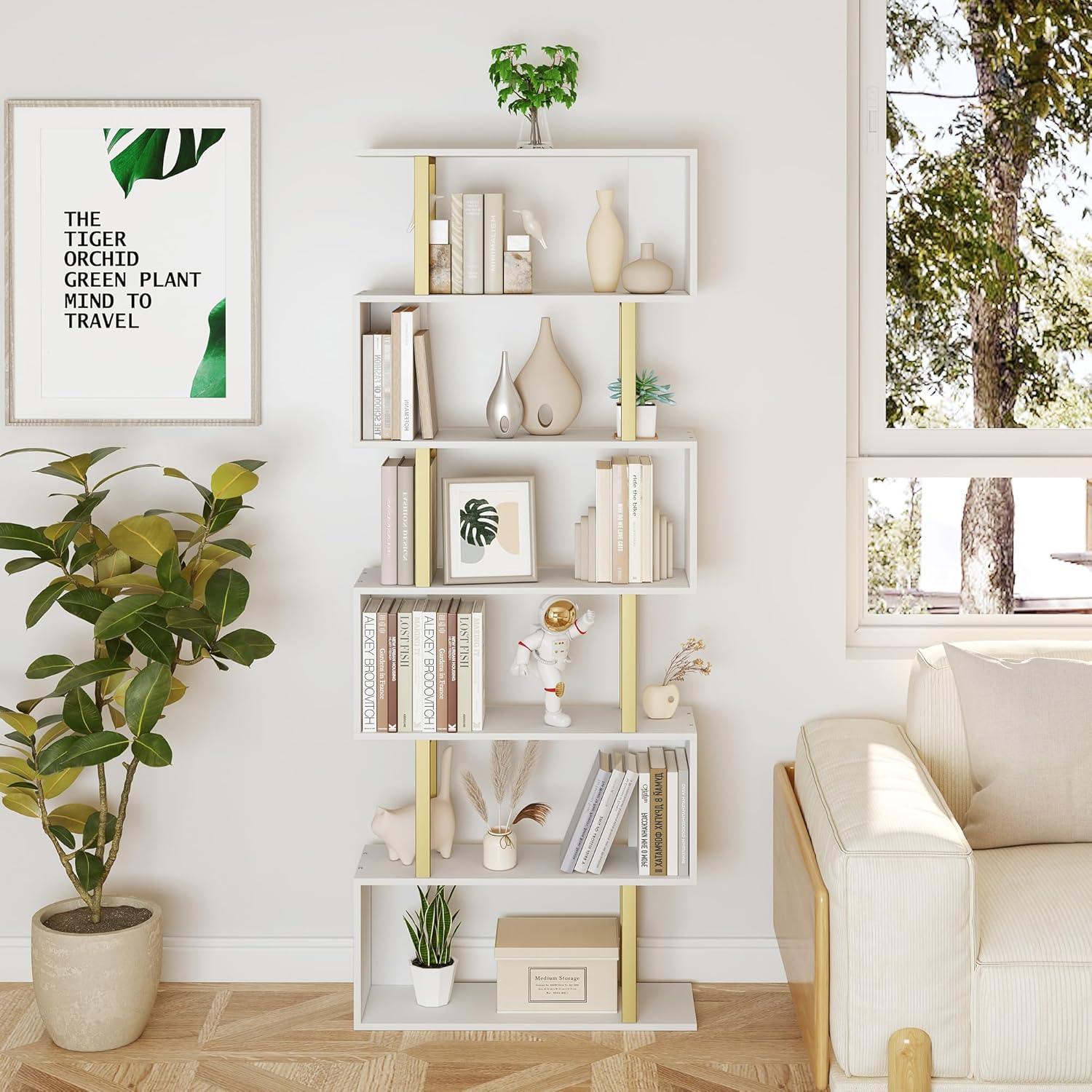 Yusong Estantería geométrica, estantería en forma de S, estantes de libros de 6 niveles para dormitorio, estante decorativo de madera moderno,