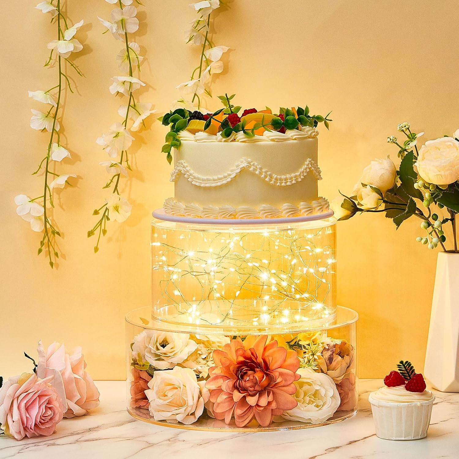 3 piezas de soporte acrílico para pasteles con luces LED, transparente, rellenable, caja cilíndrica redonda de 3 niveles para Navidad, boda,