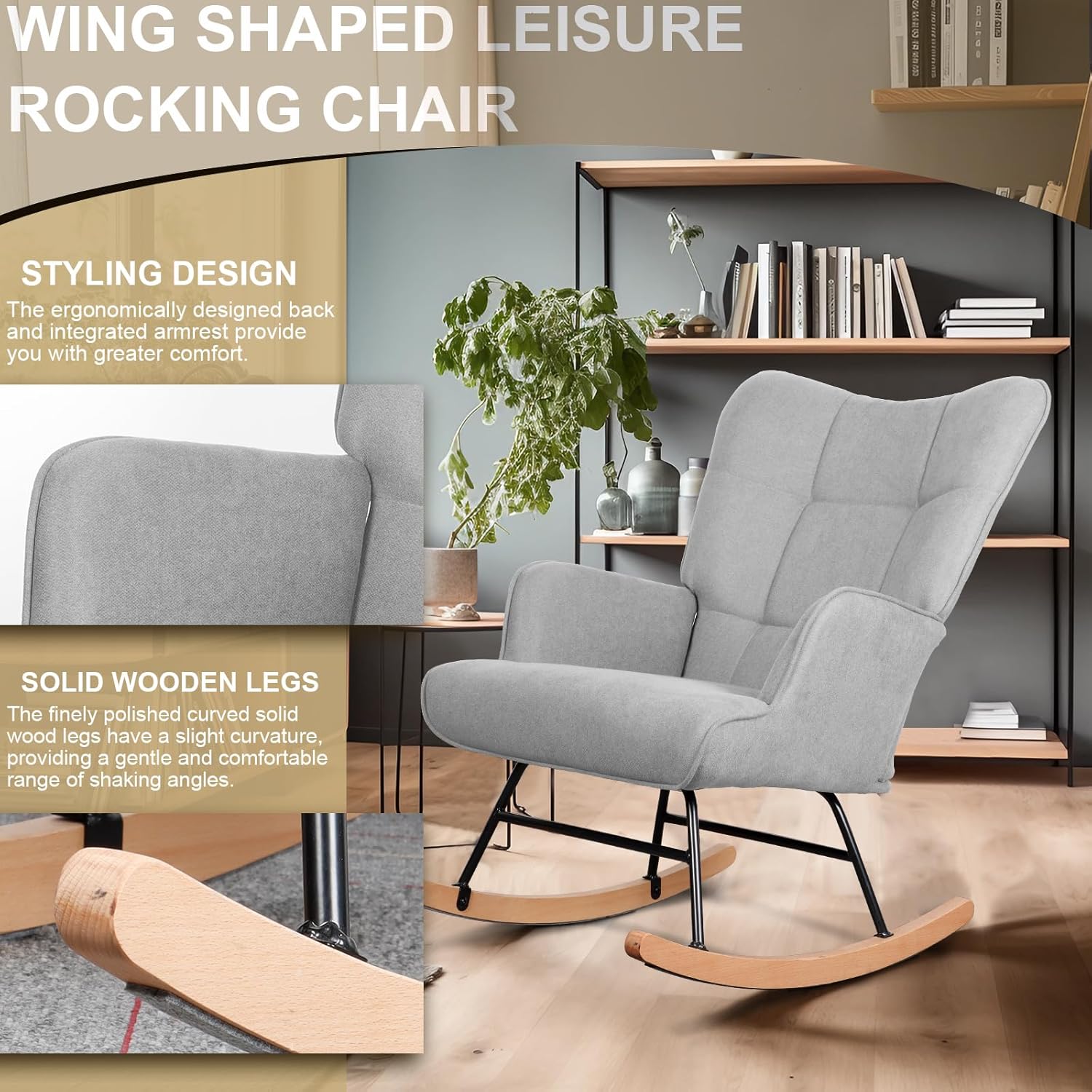 Polar Aurora Mecedora tapizada de tela para guardería, silla deslizadora con patas de metal de madera resistentes para sala de estar, dormitorio,