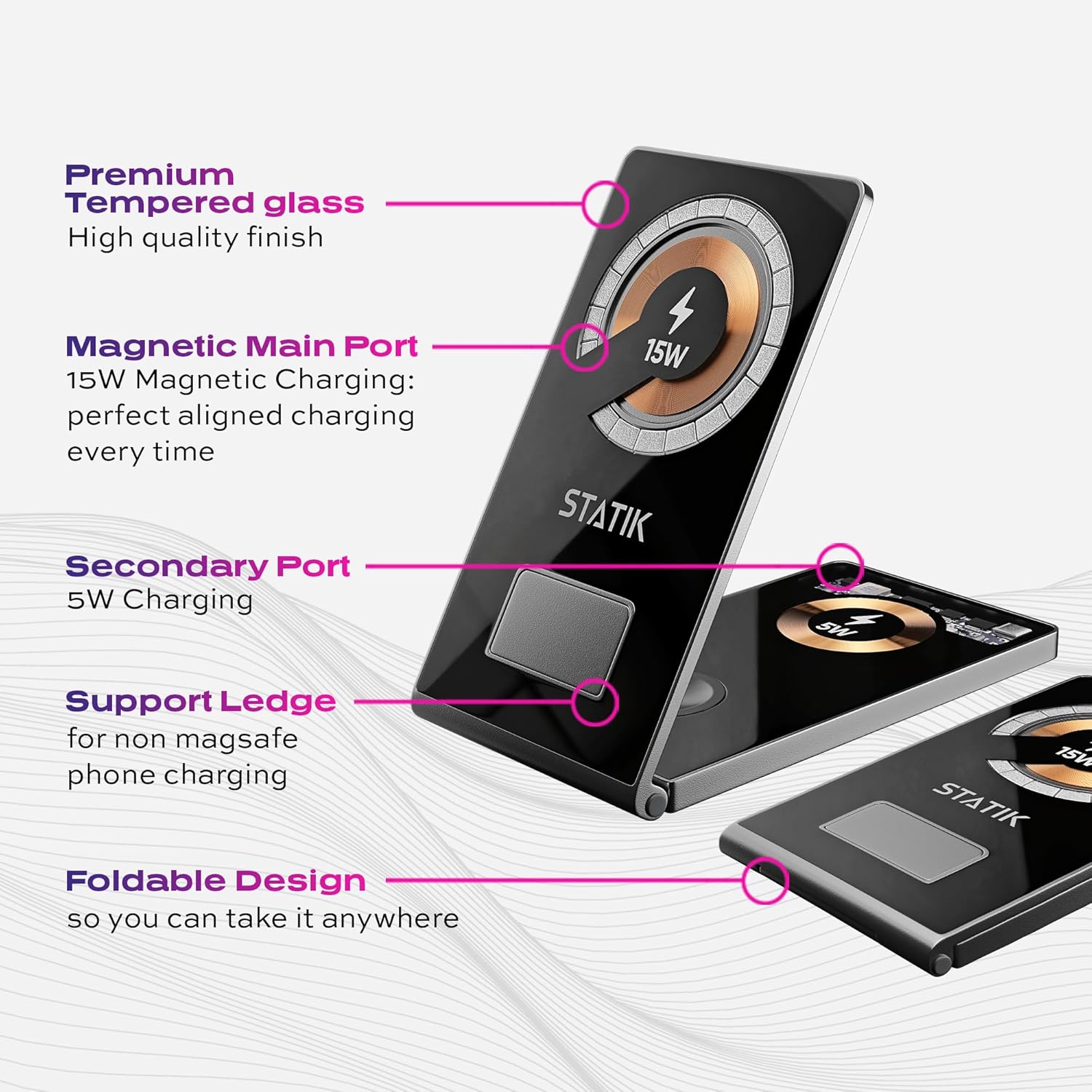 STATIK MagCharger – Estación de carga inalámbrica de 15 W para dispositivos Apple, iPhone, AirPods y Apple Watch, estación de carga 3 en 1 Apple,