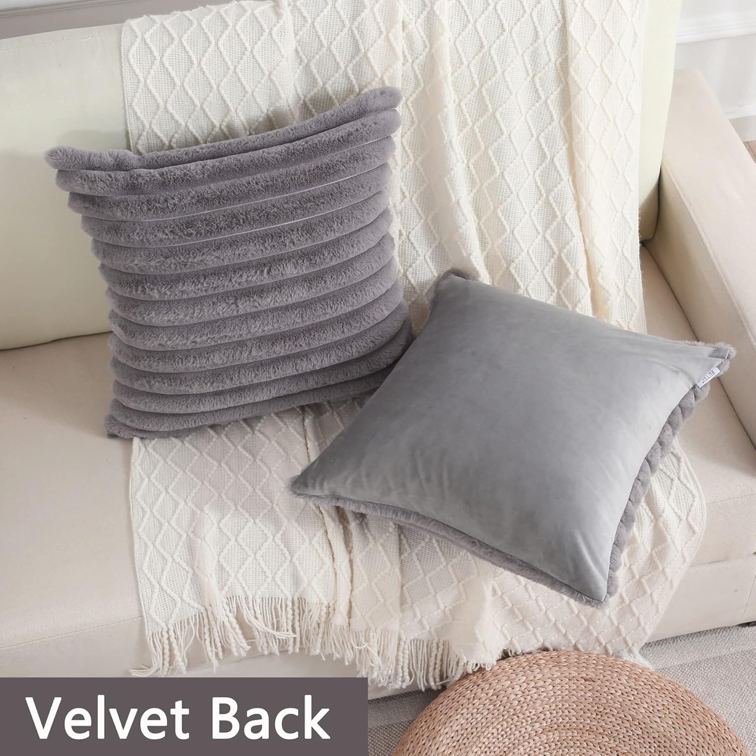 Juego de 2 fundas de almohada decorativas con rayas de color gris, 24 x 24 pulgadas, cuadradas y primaverales, piel sintética de conejo suave y
