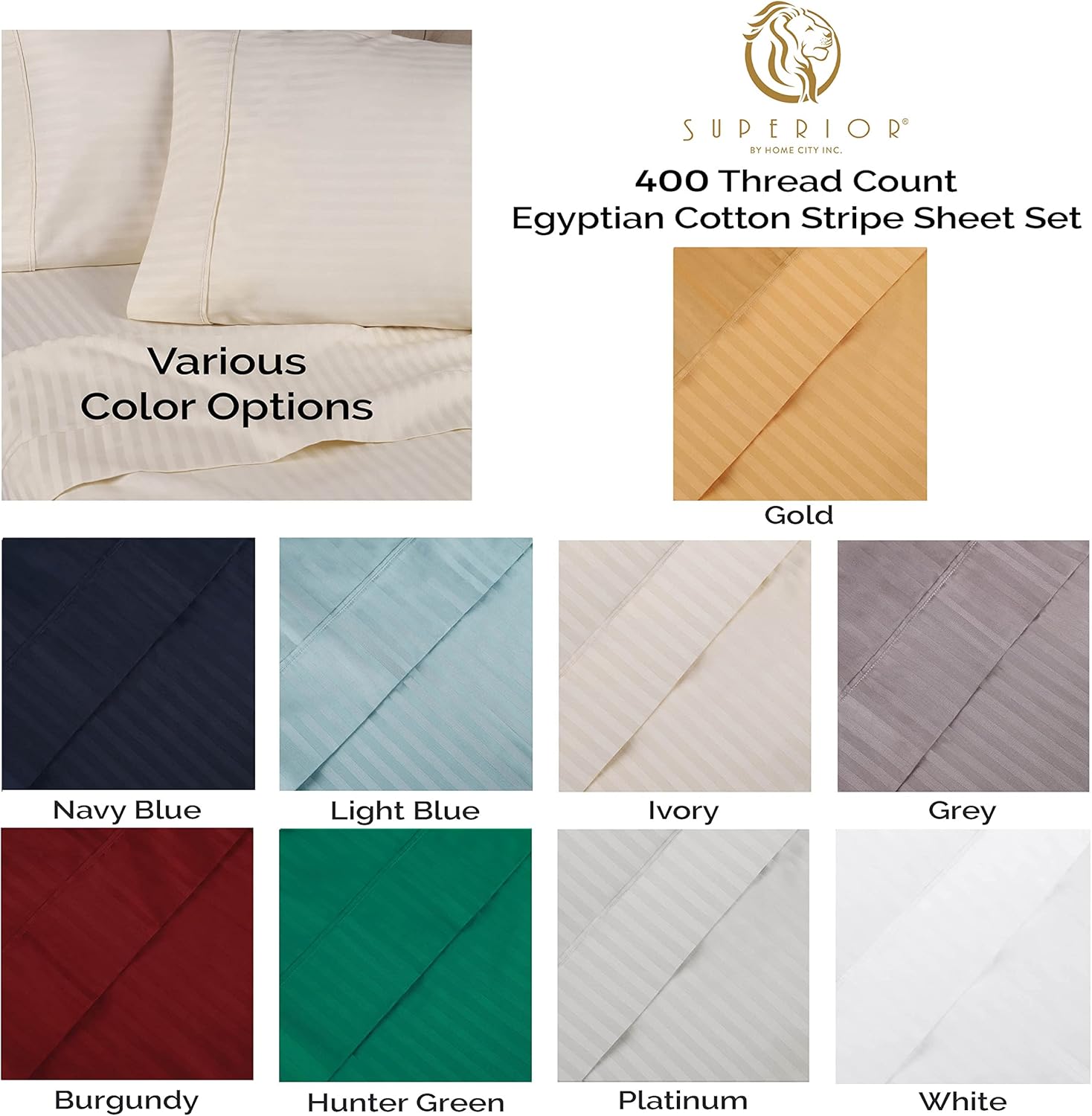 Superior Juego de sábanas de algodón egipcio de 400 hilos, tejido satinado a rayas, artículos esenciales para ropa de cama suave, 1 sábana bajera
