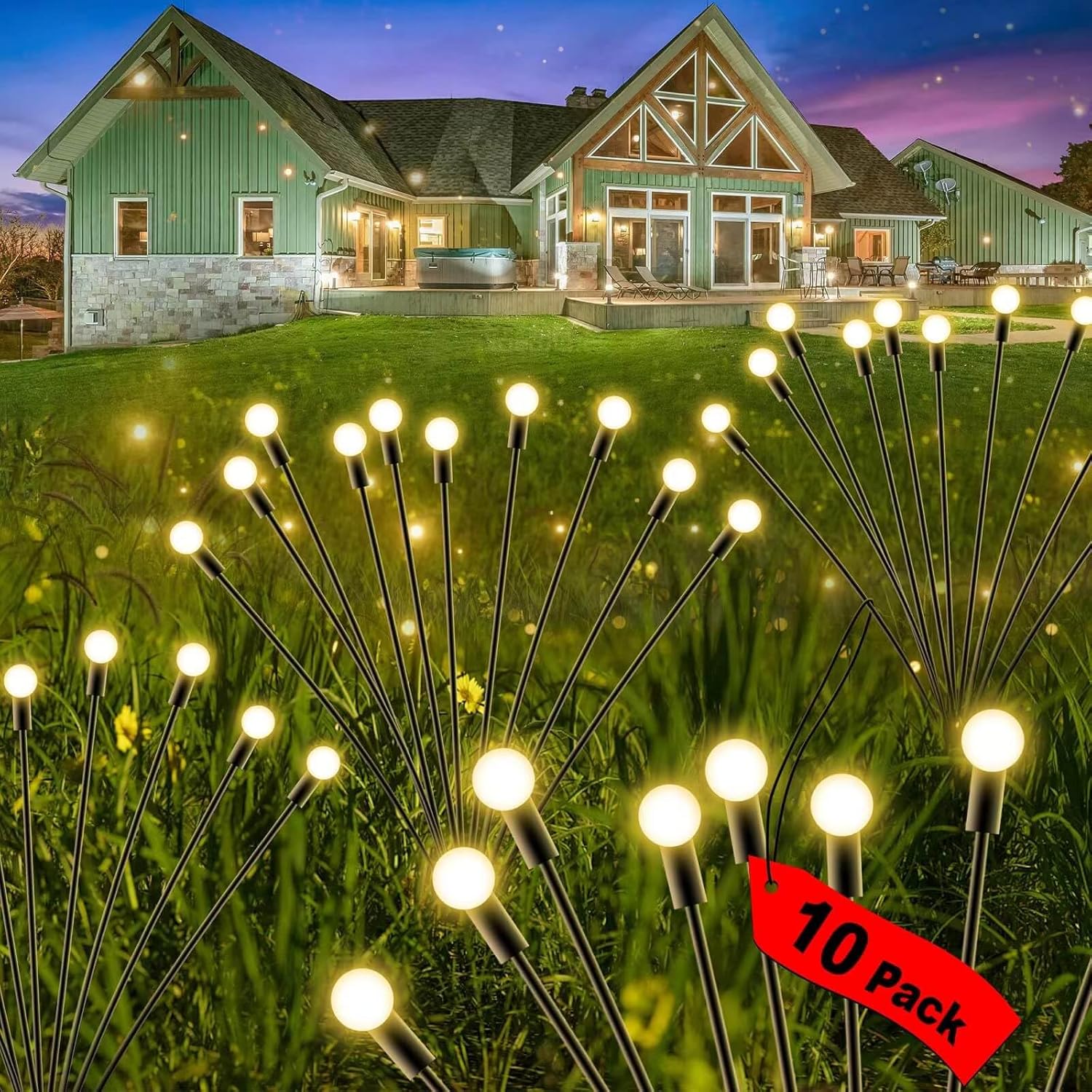 Firefly – Luces solares de jardín para exteriores, para patio, camino, decoración de patio (10 unidades, 100 LED, blanco cálido)