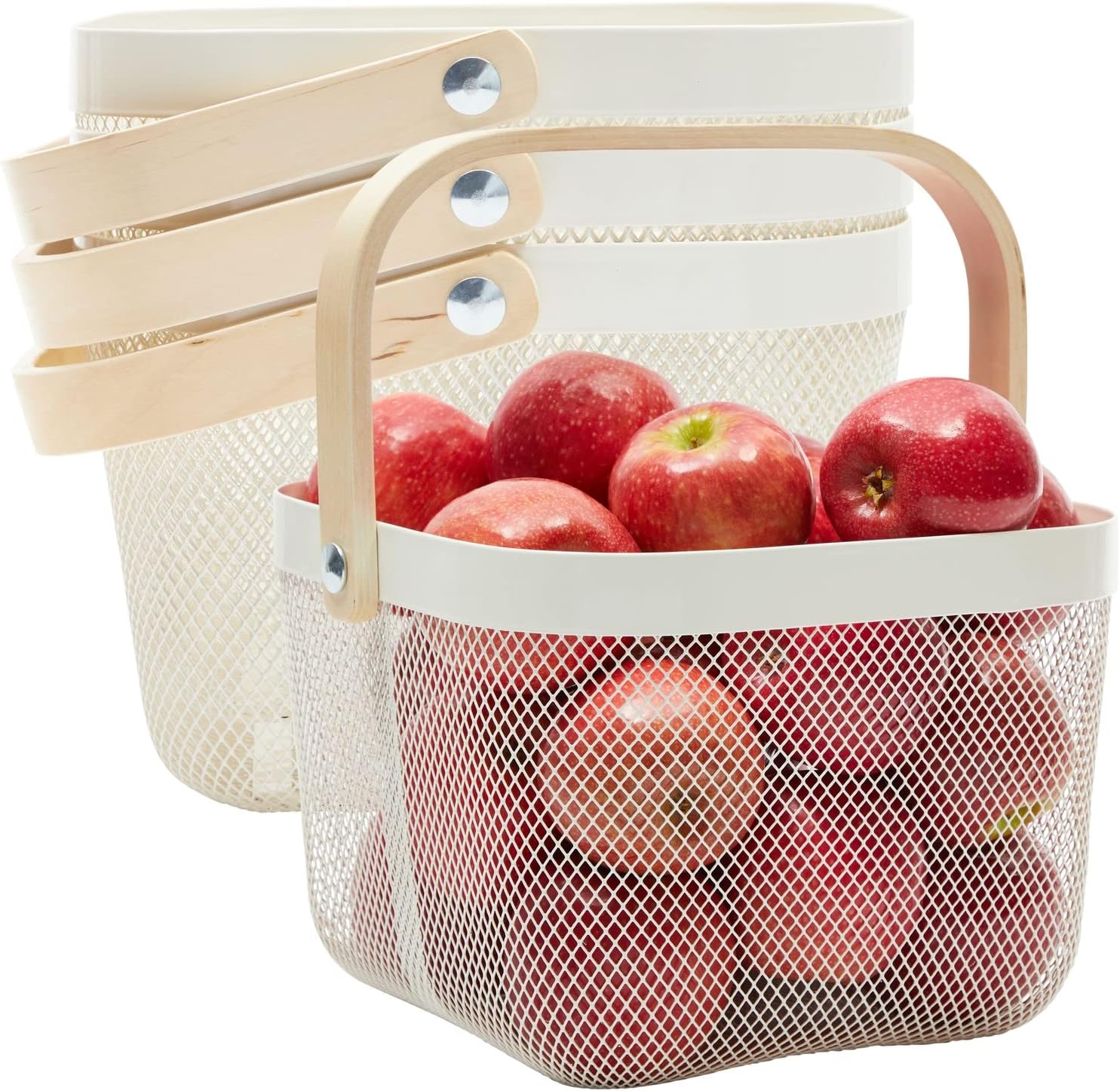 Juvale Cesta de frutas cuadrada de malla metálica con mango de madera para cocina, almacenamiento y organización de despensa (9.5 x 7 pulgadas,