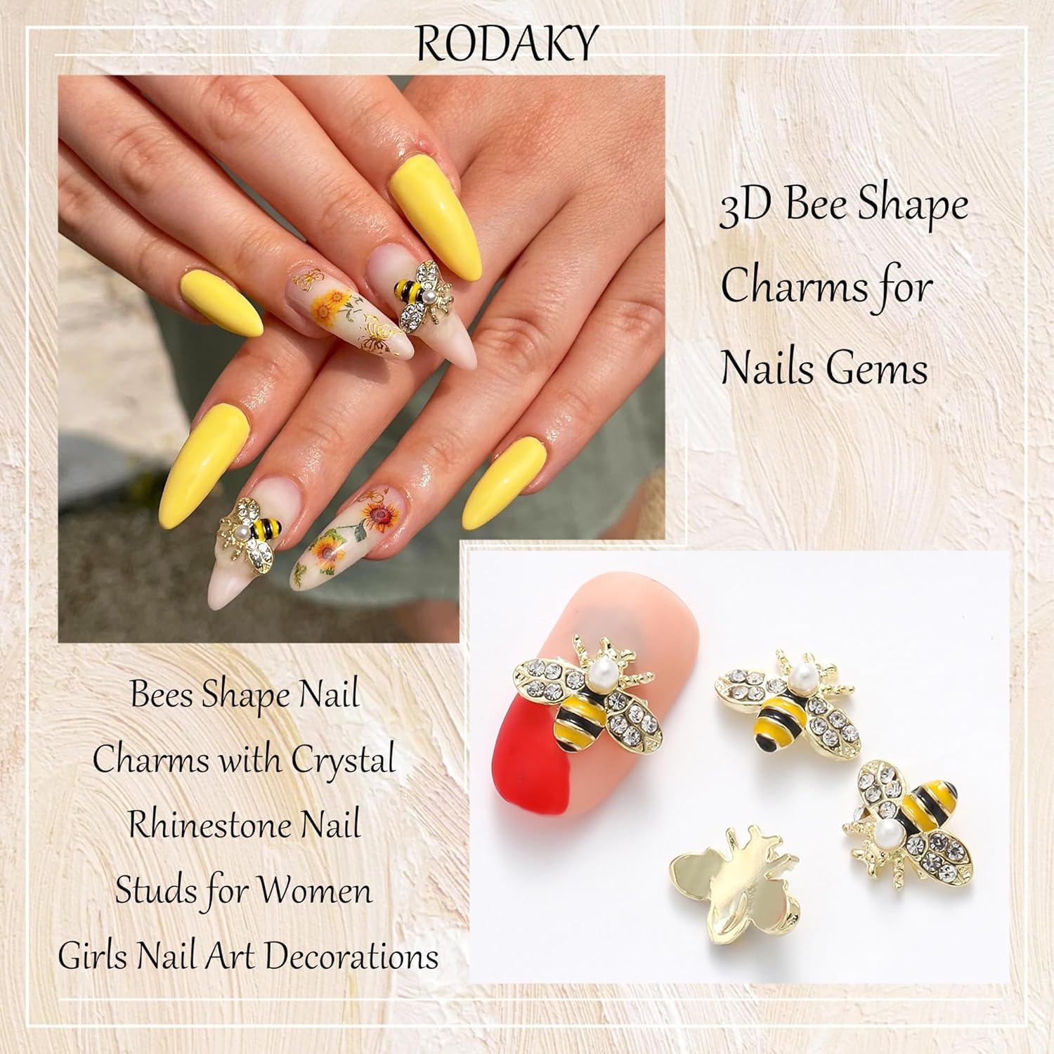 RODAKY 10 dijes de arte de uñas de abeja dorada 3D de aleación de oro de abejas para uñas, diseño de bricolaje, lindo kawaii para uñas de cristal de