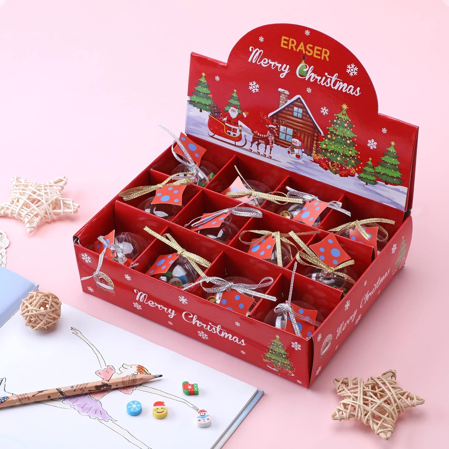 12 borradores de Navidad con paquete de bolas, borradores de Navidad para niños, rellenos de calcetines para niños, decoraciones de Navidad y